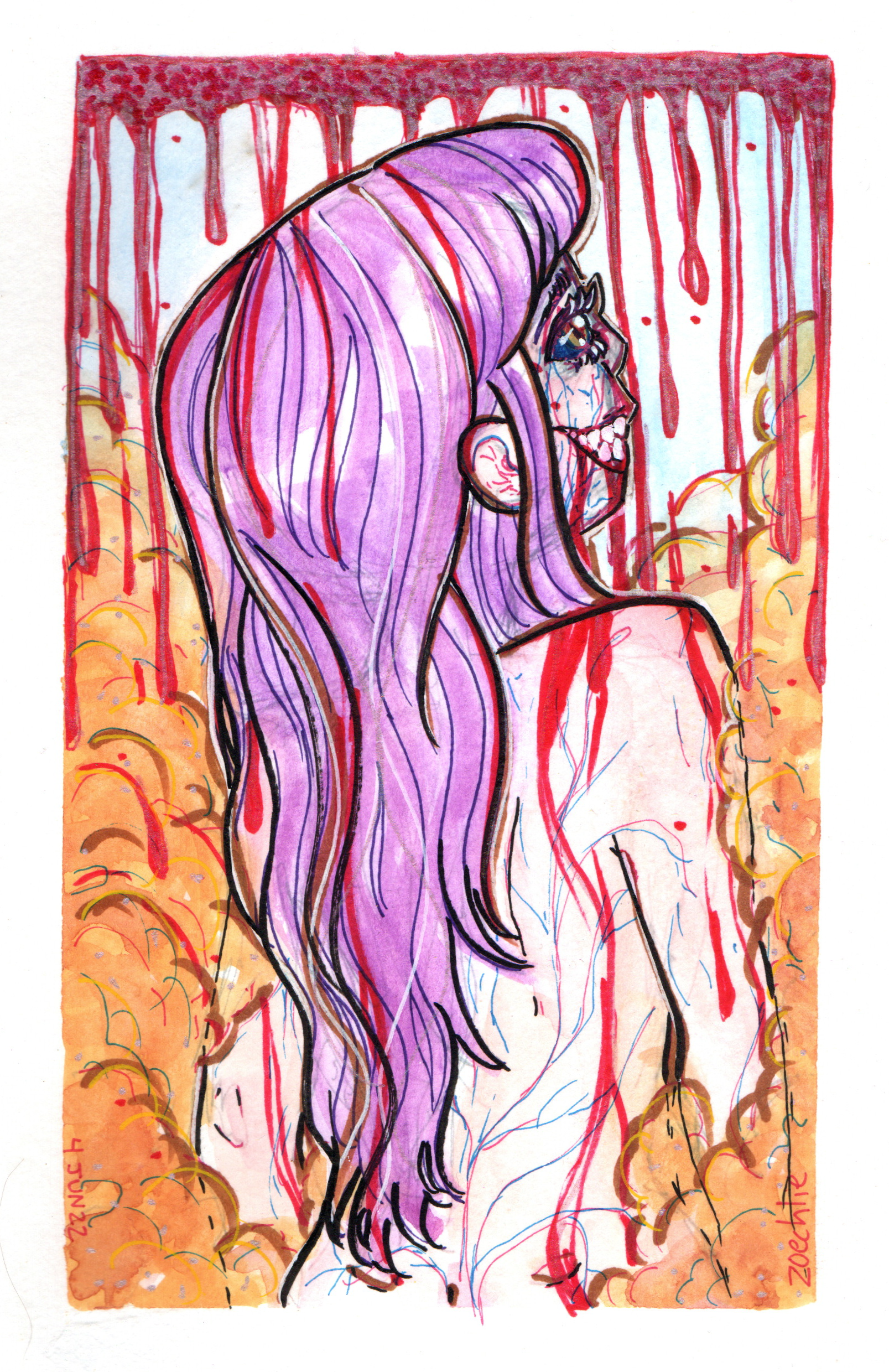 A colorful illustration of a woman with long purple hair, turned to the side, with a background of orange and red abstract shapes and drips.