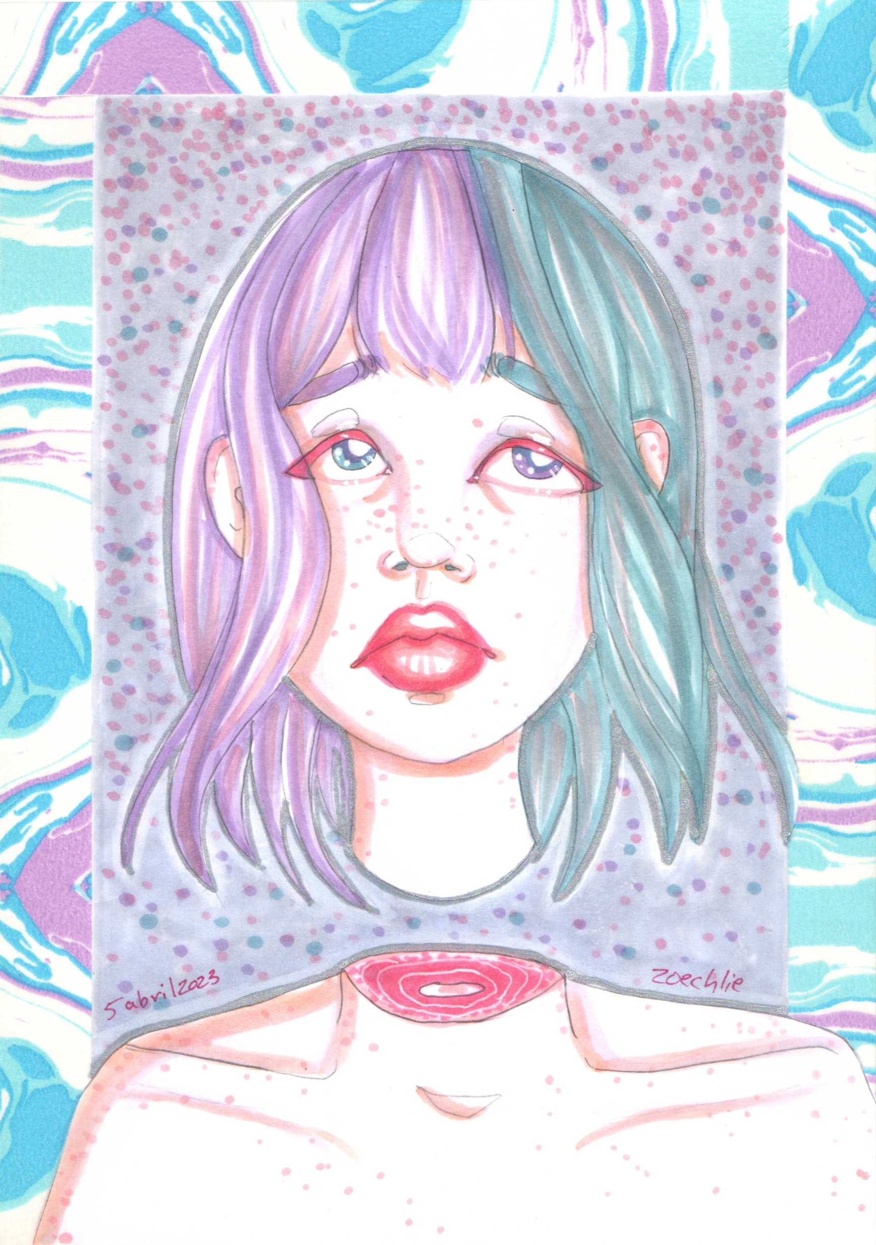 A watercolor portrait of a young woman with multicolored hair, purple eyes, and red lips, with a decorative background featuring pink and blue patterns. The portrait includes handwritten notes in Spanish, indicating the date '5 abril 2023', and the n