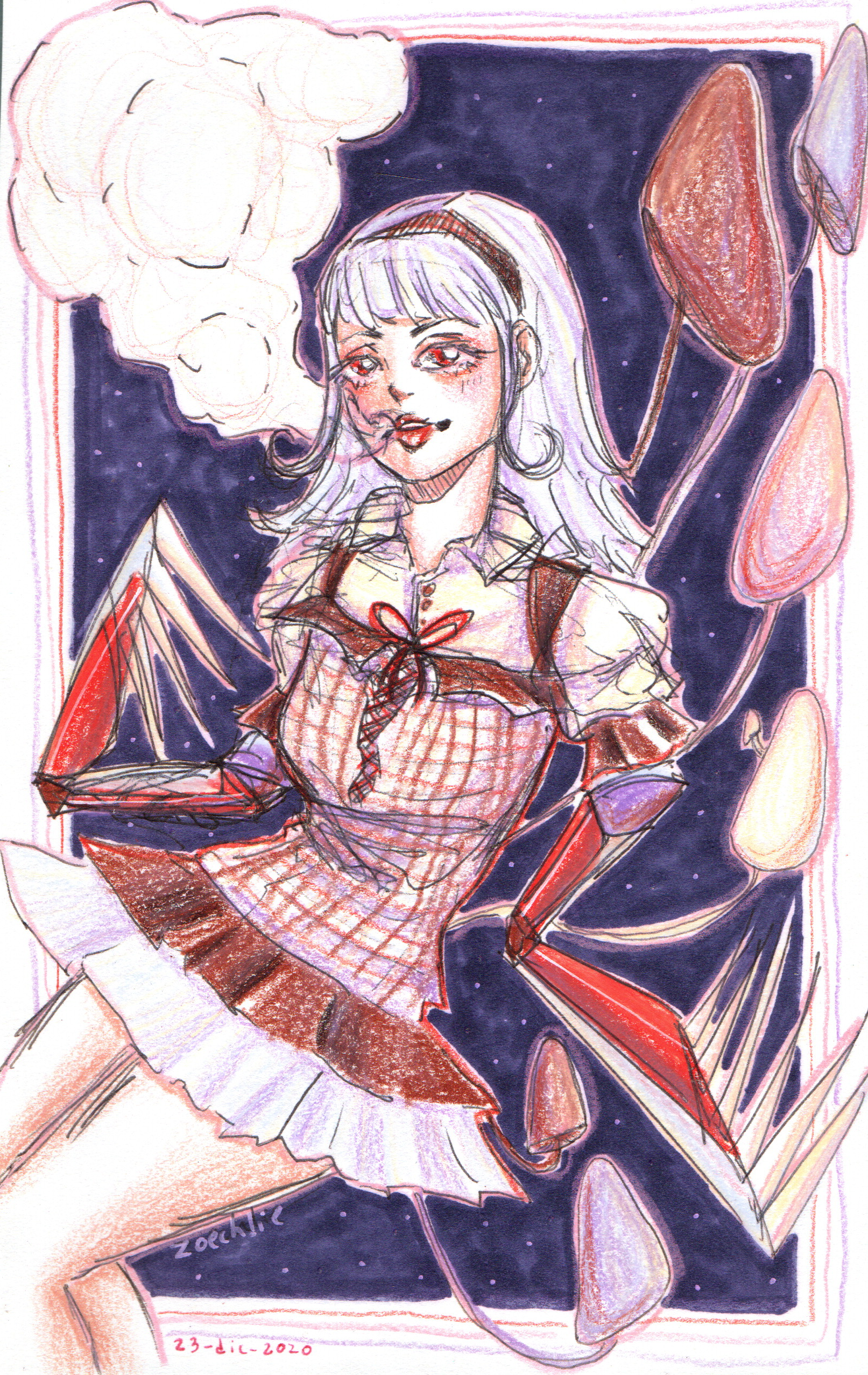 A whimsical colored pencil illustration of a girl with long, pale hair, wearing a checked dress with a large bow, sitting in front of a dark, starry sky background filled with floating fabric-like shapes. She has a slight smile, with blush on her che