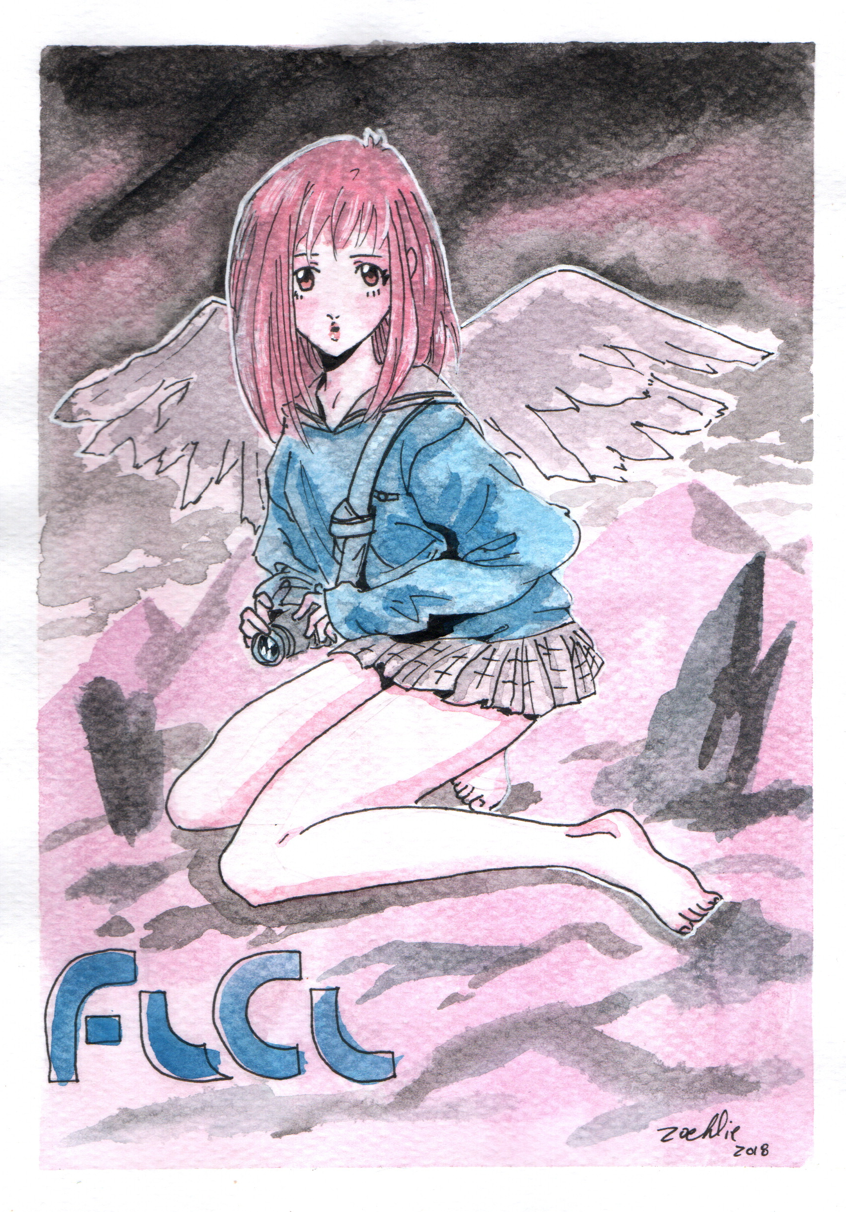 Hand-drawn illustration of a girl with pink hair, angel wings, kneeling on a pink surface, holding a camera, with a dark background and partially visible lettering at the bottom.