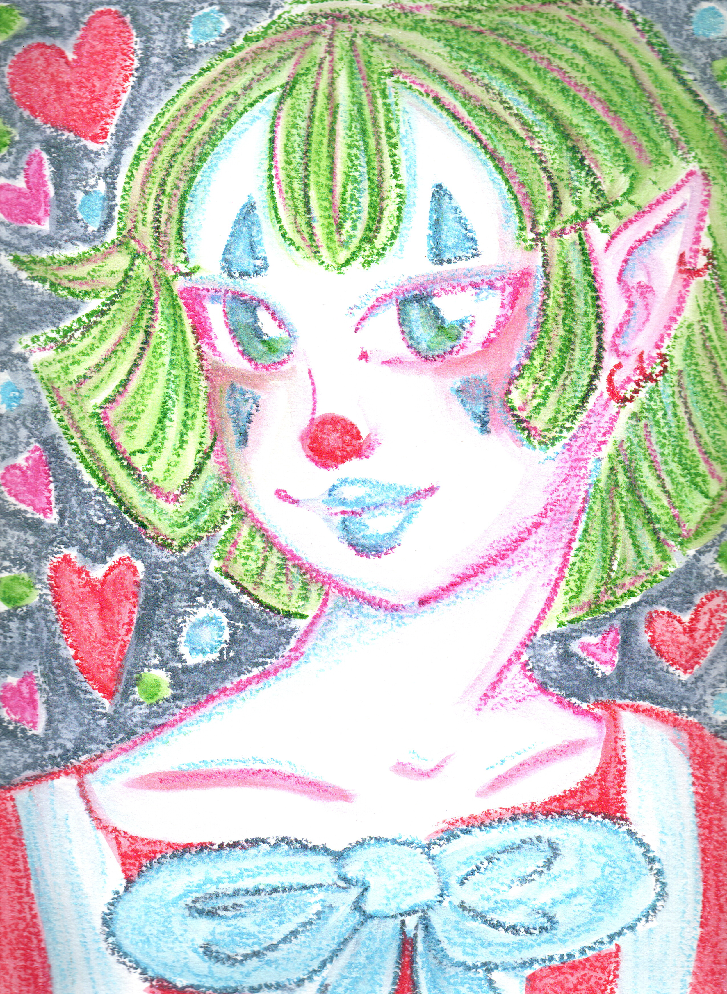 Drawing of a woman with green hair, blue eyes, red lipstick, and a red clown nose surrounded by red hearts.