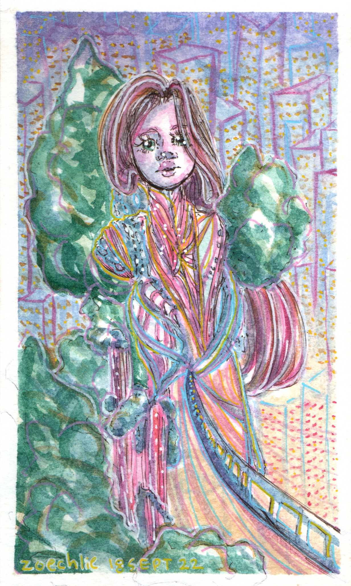 A watercolor painting of a young woman with long, flowing hair, standing amidst large green leaves, with a cityscape of tall buildings in the background. The woman is dressed in a colorful, patterned outfit, and the artist's signature along with the 
