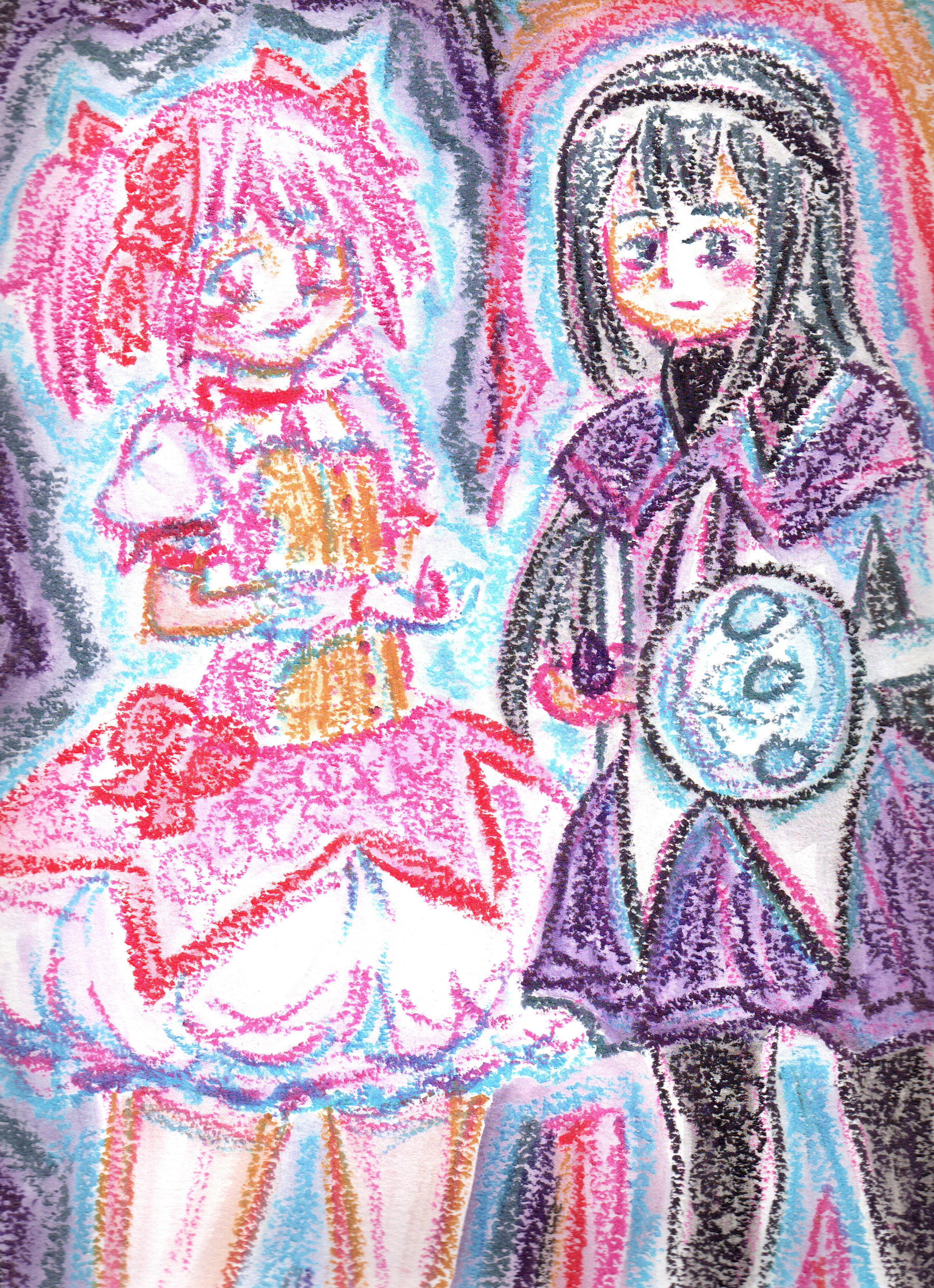 Colorful drawing of two female characters, one with pink hair and the other with black hair, dressed in elaborate costumes with various detailed accents, posed against a vibrant, multi-colored background.