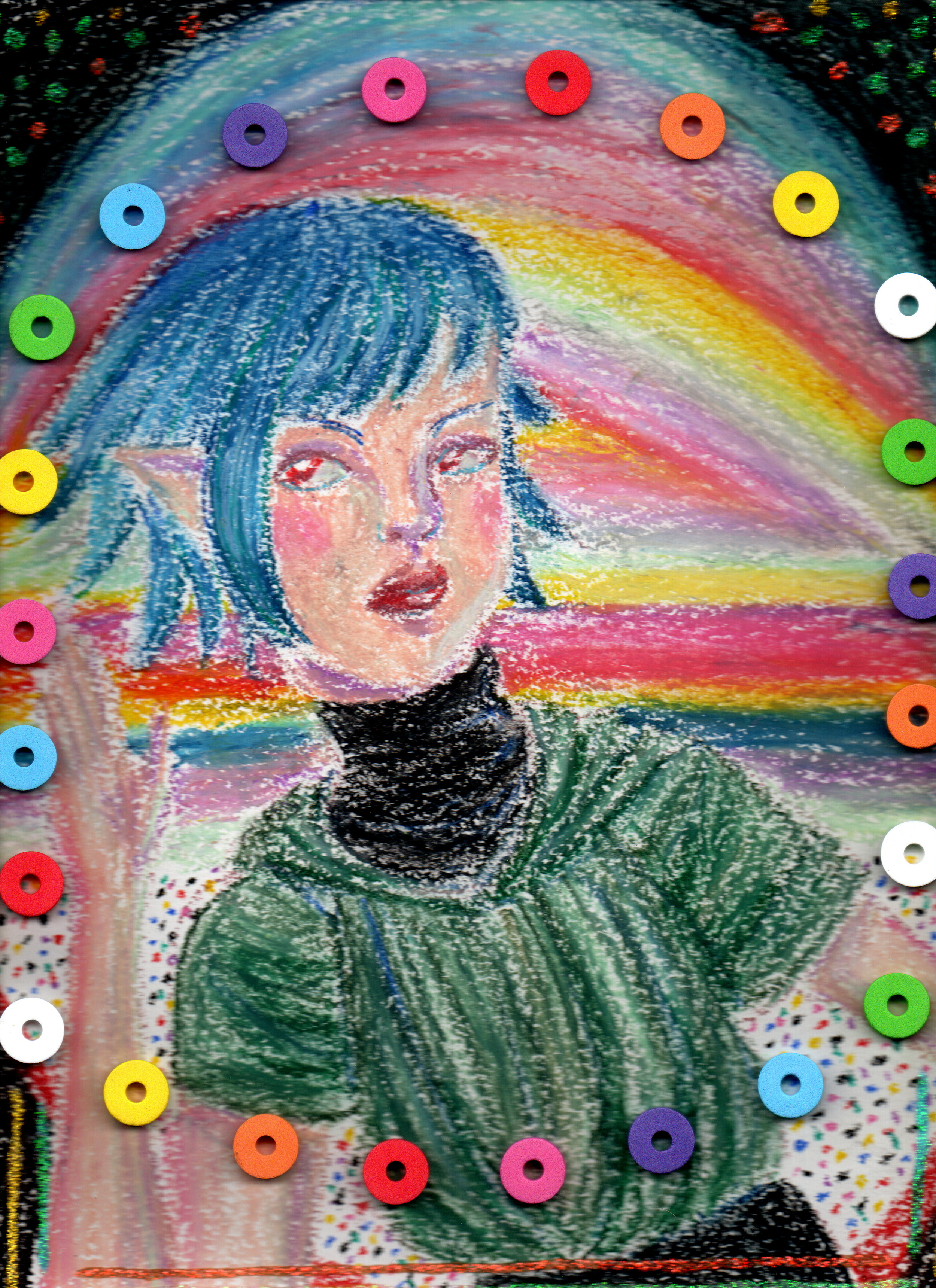 A colorful chalk drawing on a surface depicts a woman's face with blue hair, pink lips, and a black turtleneck. Behind her, there is a vibrant rainbow with various colors blending into a starry night sky with green and red stars. Around the picture, 