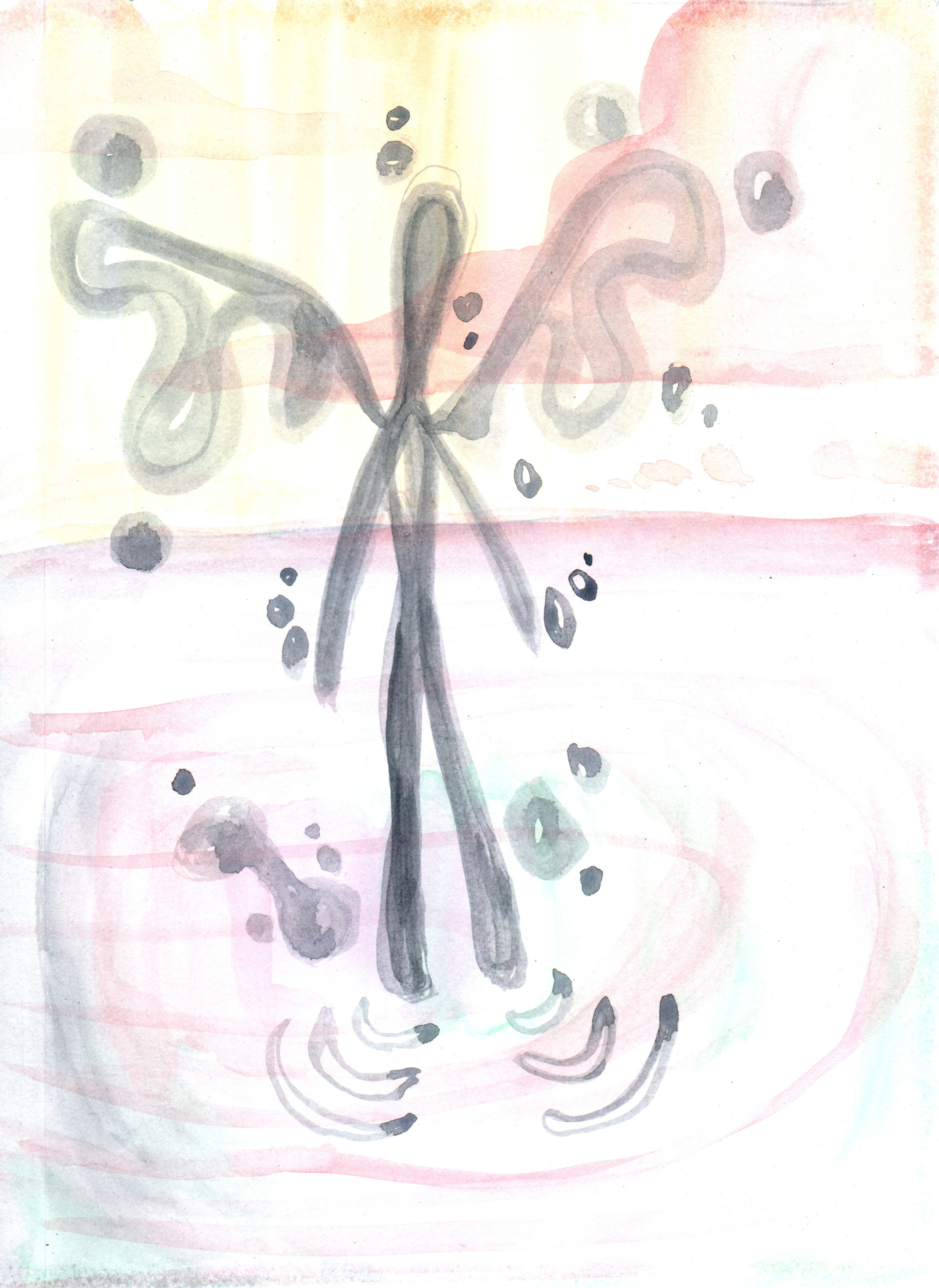 A watercolor painting of an entity on a lake, with a pink gradient background.