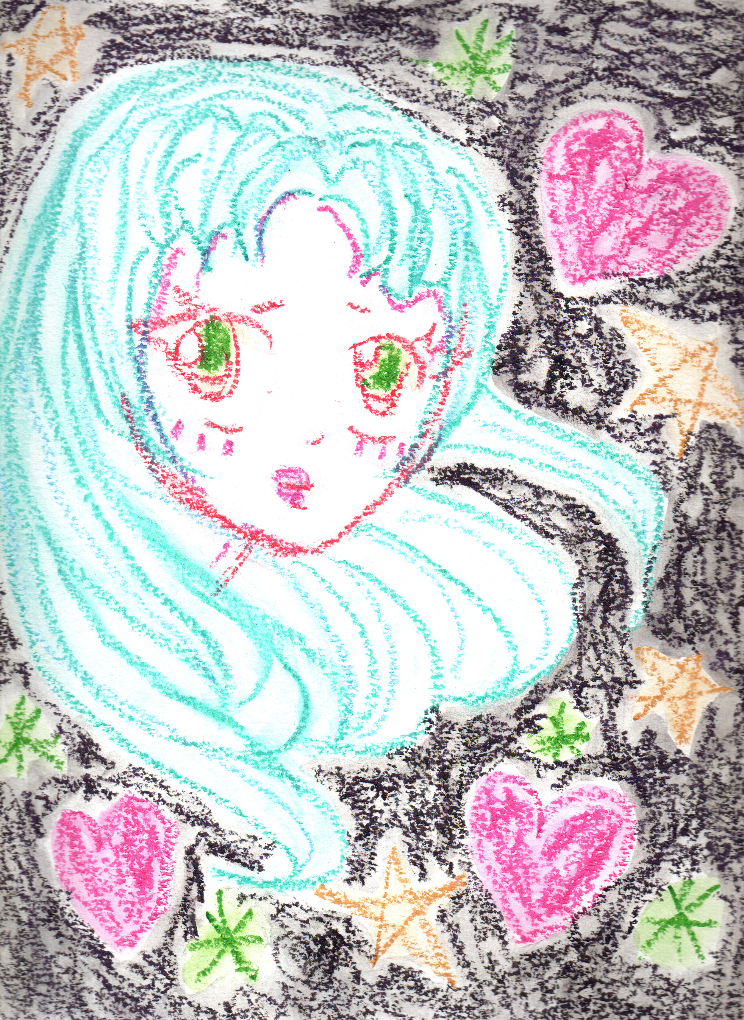Colorful crayon drawing of a girl with green eyes and pink lips, surrounded by pink hearts, orange stars, and green stars on a black and grey speckled background.