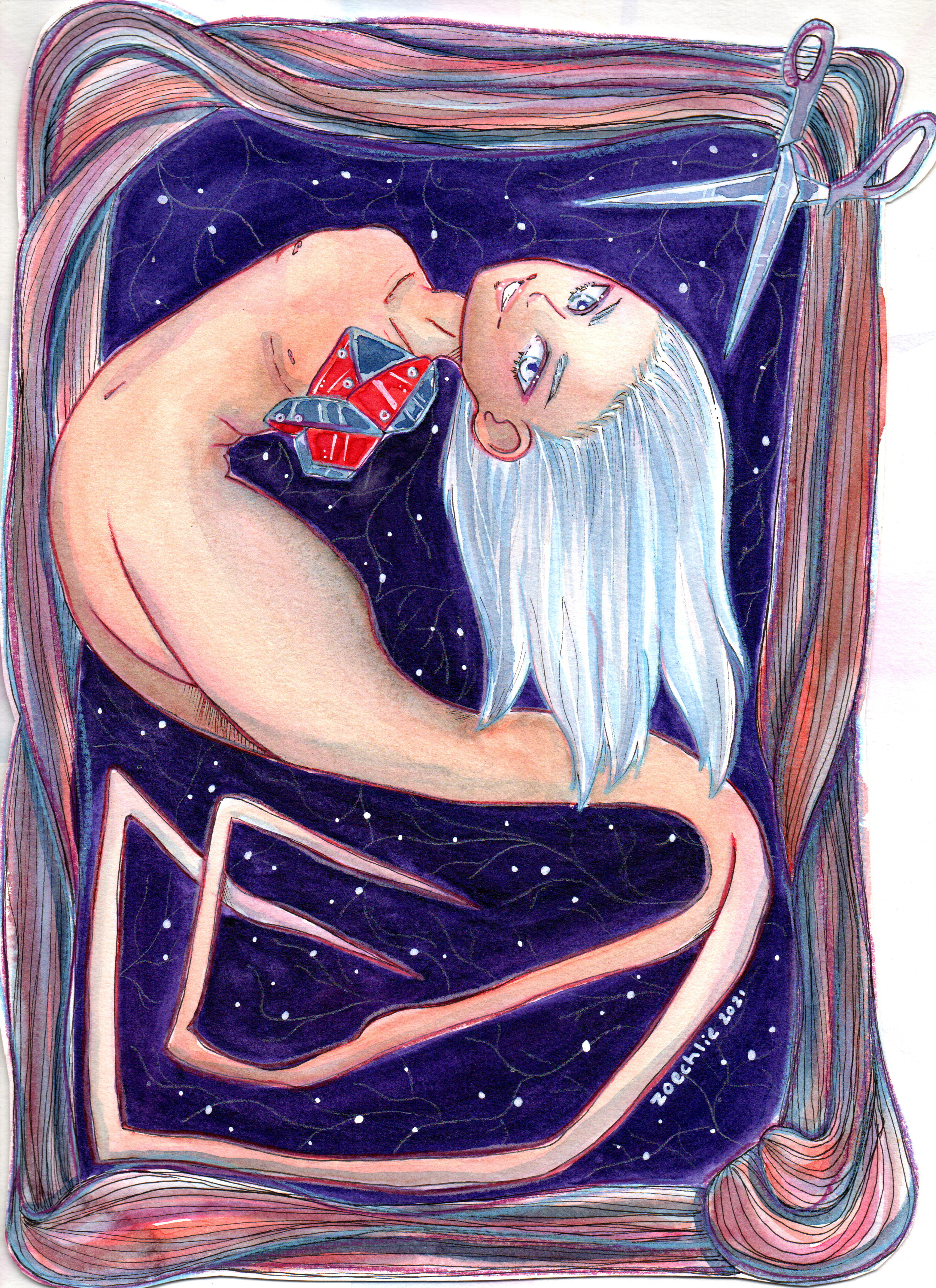 A watercolor painting of a woman with long white hair lying in a fetal position, dressed in a dark blue, star-filled space-themed garment. Scissors cut into the space fabric on the top right. The painting has flowing multicolored lines framing the sc