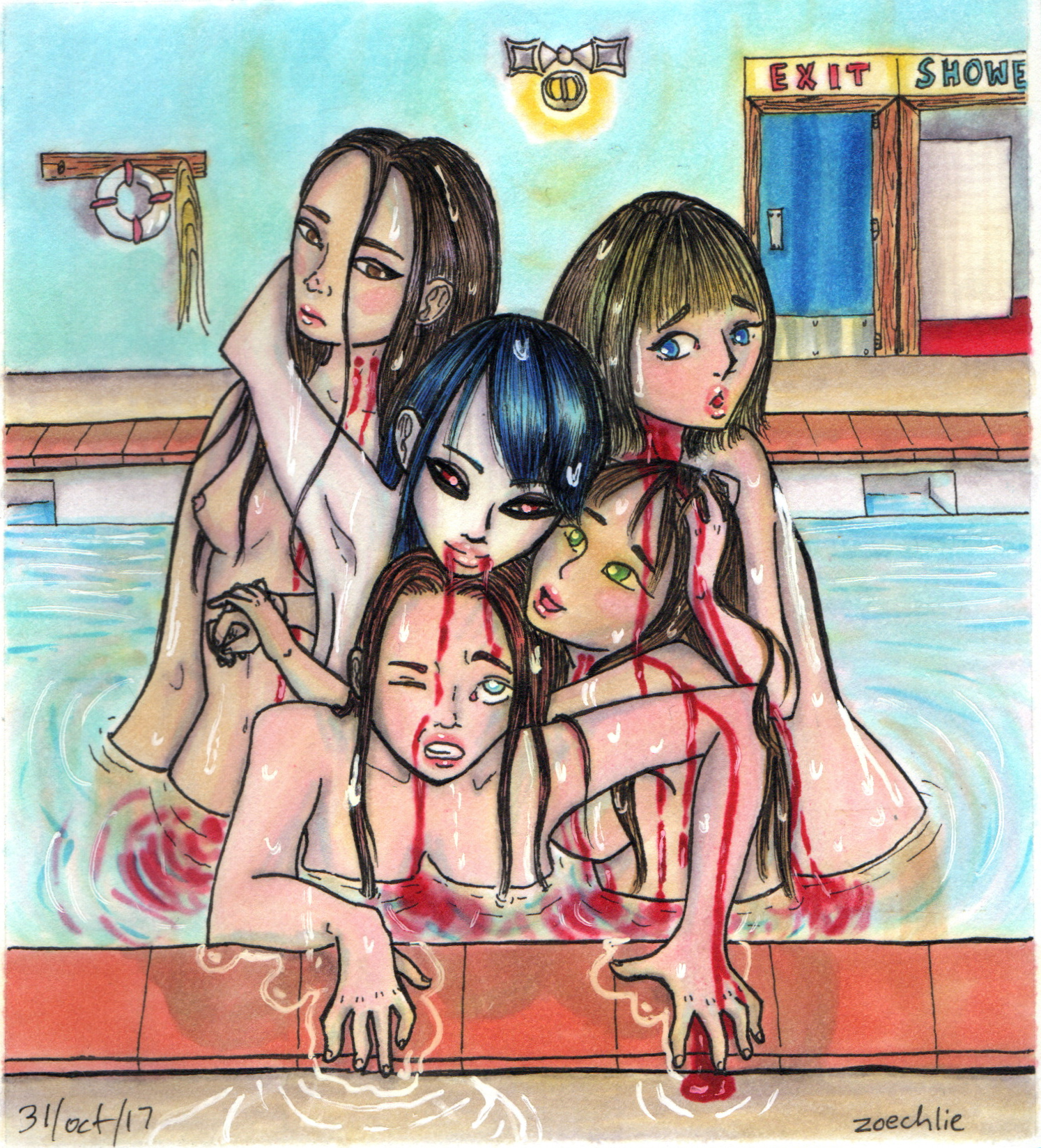 Five young women in a swimming pool, covered in blood, with some blood dripping from their mouths, posing closely together with some making expressions, in front of a building with a door labeled 'EXIT SHOW' and a wall-mounted light, watercolor art s
