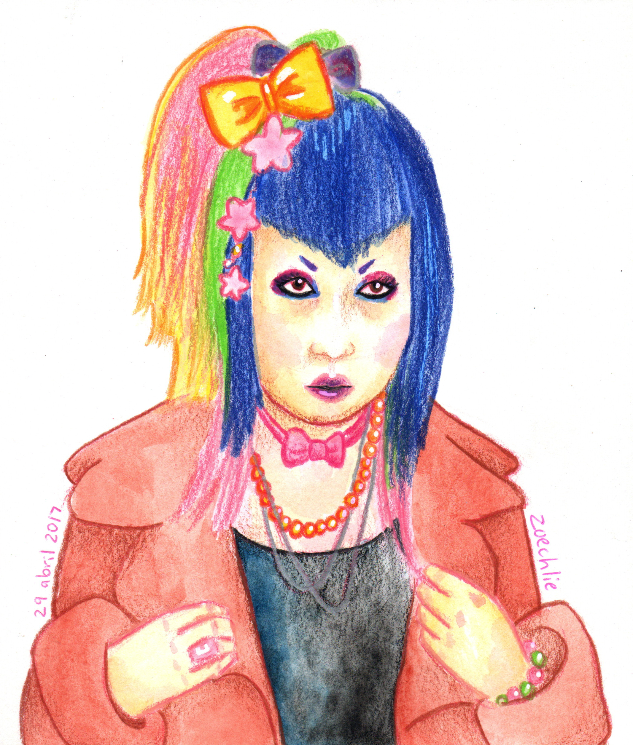 Colorful hand-drawn artwork of a person with blue hair, wearing jewelry, and showing a peace sign. The artwork features vibrant colors including pink, green, blue, orange, and purple. There are decorative elements such as a bow and star-shaped access