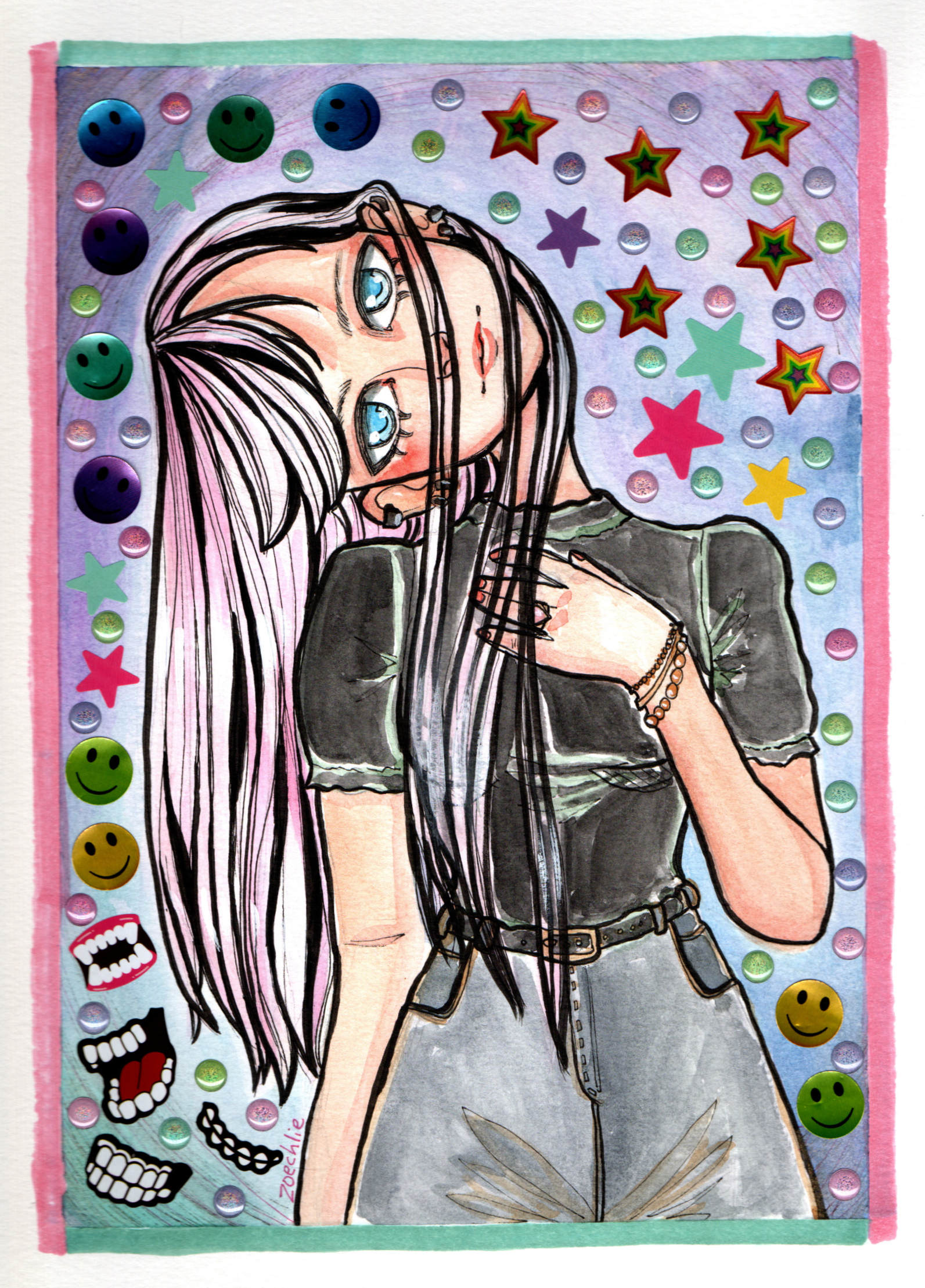 A colorful, artistic illustration of a girl with long pink and white hair, casual black outfit, and accessories, surrounded by decorative stickers on a pastel background.
