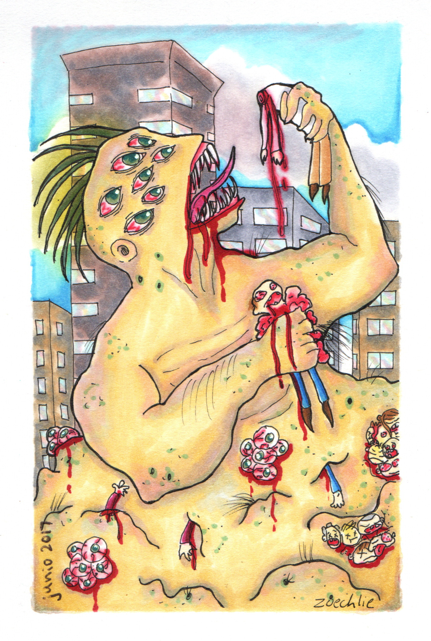 A surreal watercolor painting of a giant, multi-eyed, monstrous creature with sharp teeth, holding a smaller creature in its hand, set against modern buildings and a cloudy sky. The artist's signature, is visible in the bottom right corner.