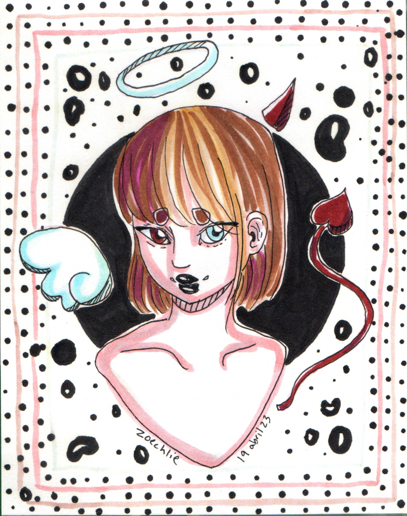 A colorful, stylized drawing of a girl with shoulder-length orange hair with bangs, blue and brown eyes, and black lipstick. She appears to have small devil horns and a tail, with a devilish or mischievous expression. The background features a white 