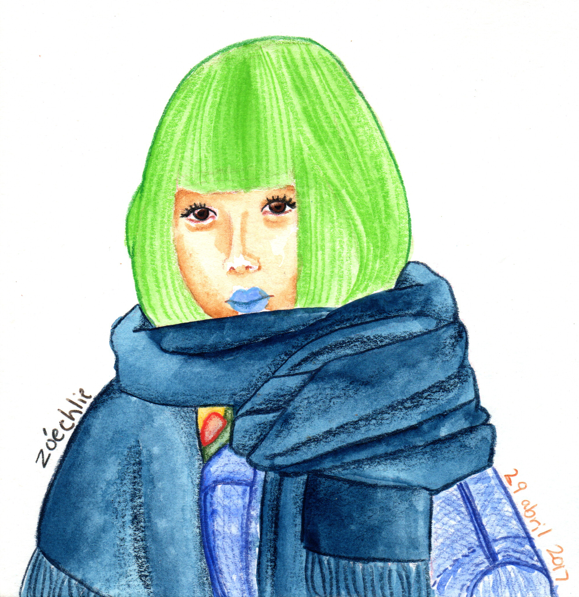 Illustration of a woman with bright green hair, wearing a dark jacket and blue lipstick, with part of her face and hand visible.
