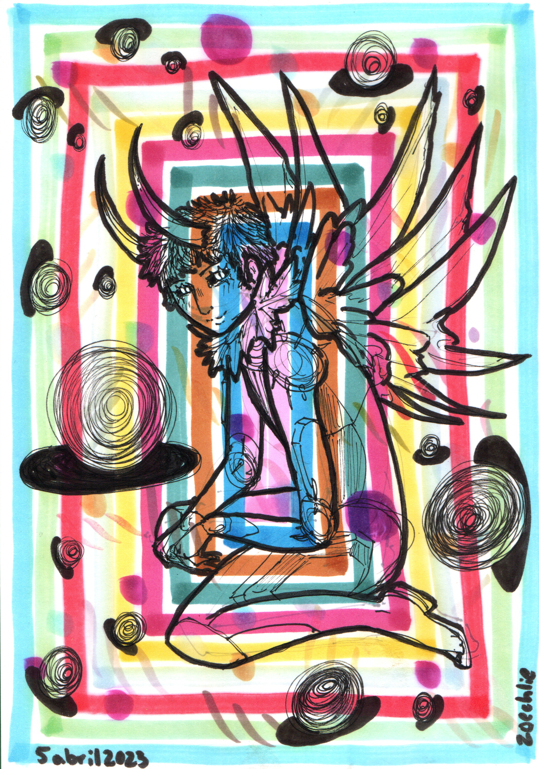 A colorful abstract drawing of a woman with wings, kneeling on a platform, surrounded by concentric circles and a vibrant rainbow-colored background, dated April 5, 2023, and signed by the artist.