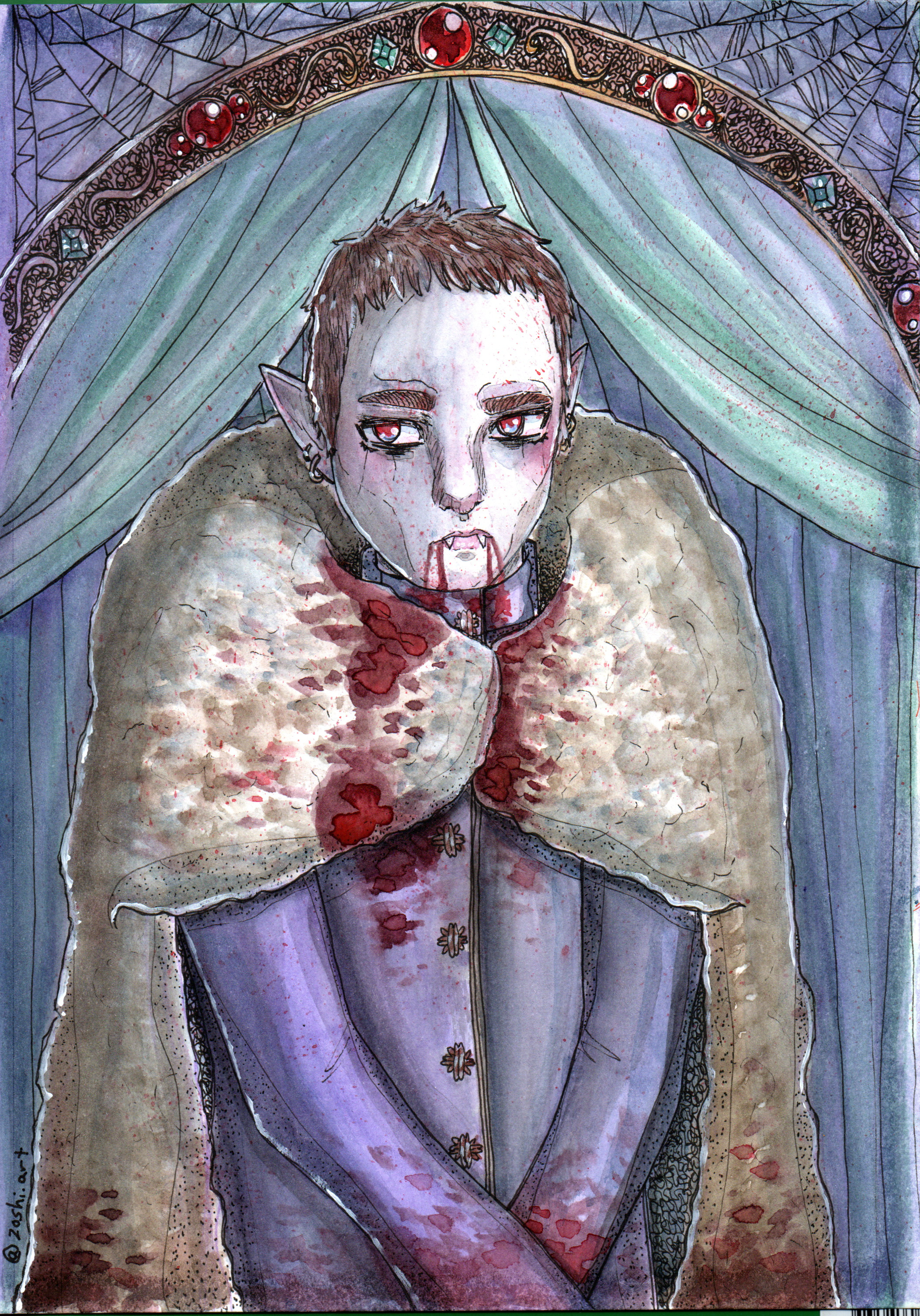 A fantasy watercolor painting of a young vampire with short brown hair, pointed ears, and blood dripping from their mouth and hand. The vampire is dressed in medieval clothing, standing under a green tent with ornate decorations.