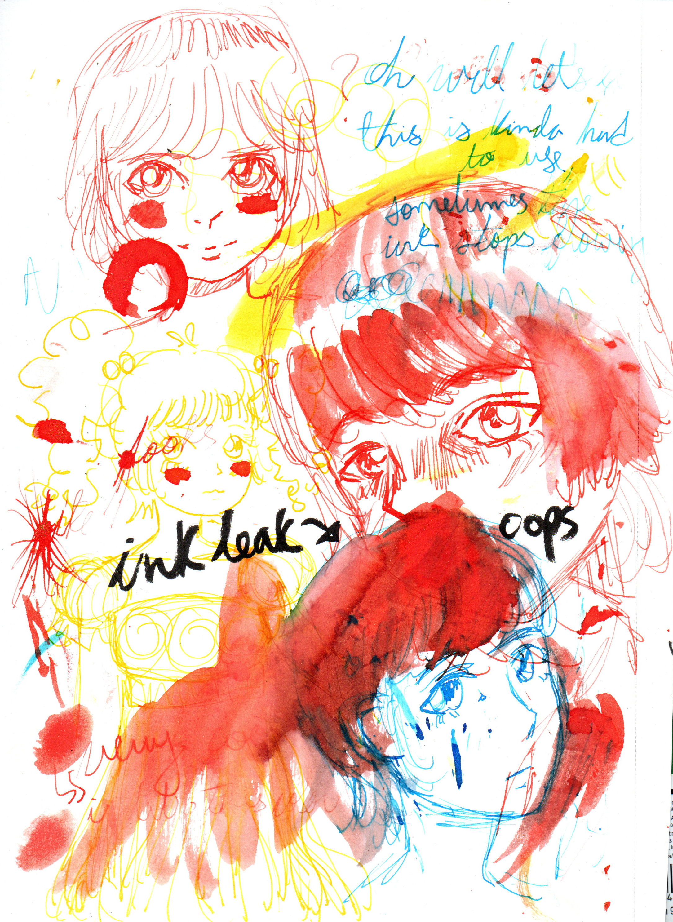 A colorful, abstract illustration of multiple children's faces, adorned with different expressions and styles, drawn with red, yellow, blue, and black ink and watercolors. Handwritten text in various colors overlays parts of the image.