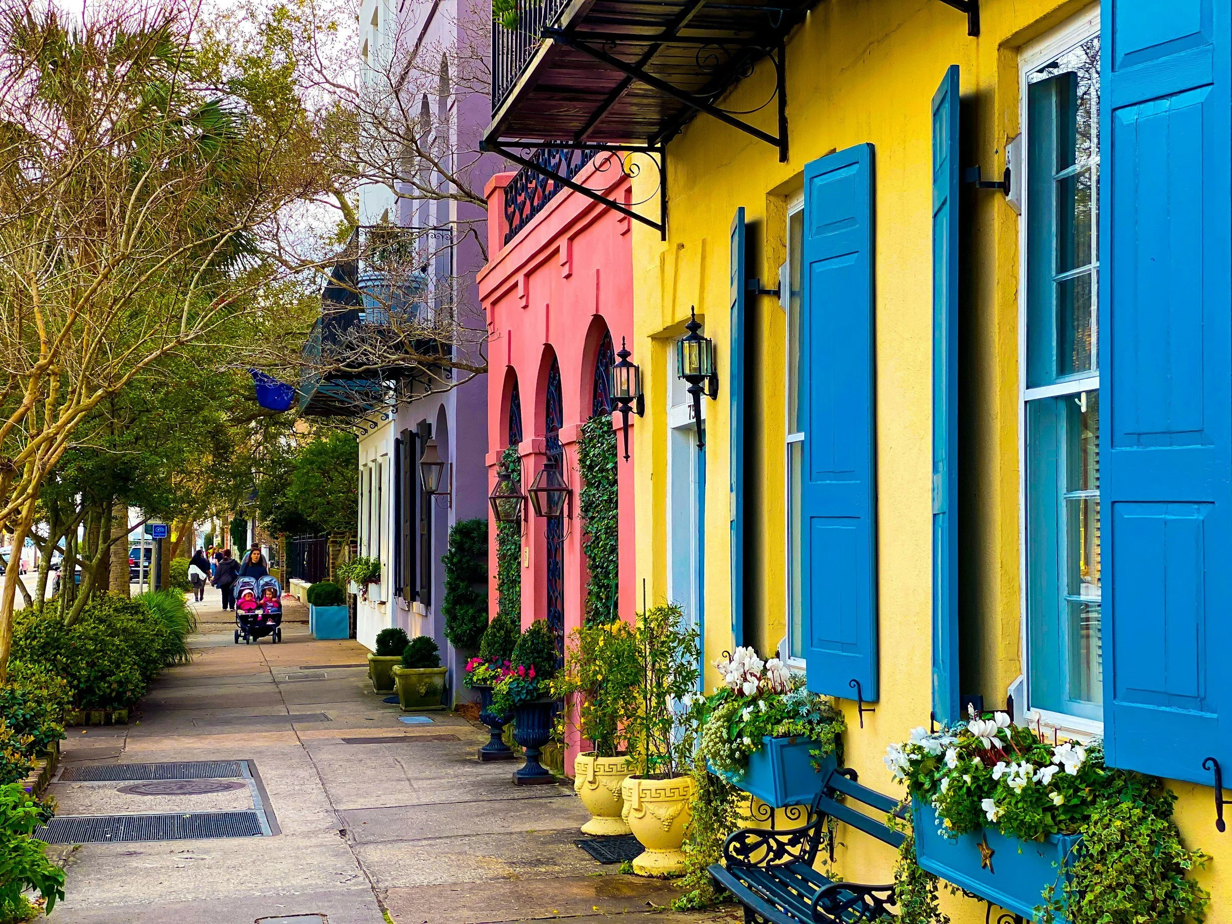 Colorful row houses in Charleston, South Carolina, HERstory women's history trip