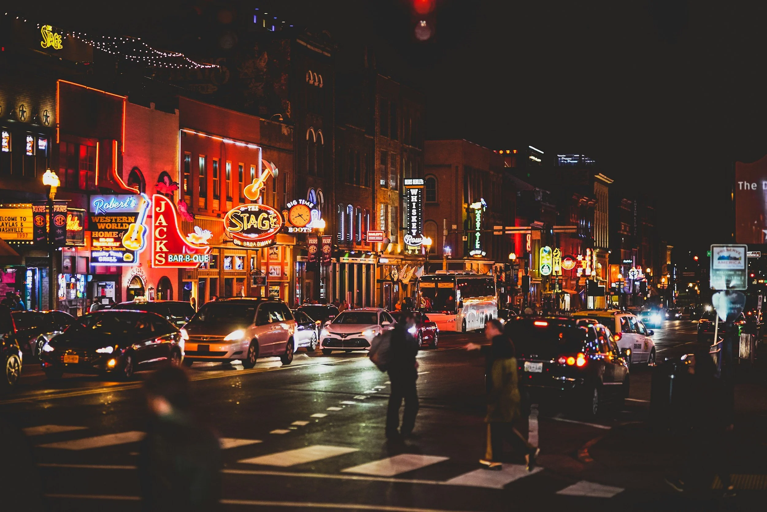 Nashville, Tennessee music district at night, HERstory women's history trip