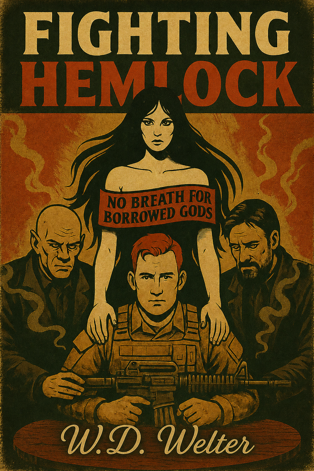 A movie poster titled 'Fighting Hemlock' with a woman with long dark hair holding a banner that says 'No Breath for Borrowed Gods', and three men in military or tactical gear, one holding a gun, with stylized smoke or steam around them. The author's name, 'W.D. Welter', is at the bottom.