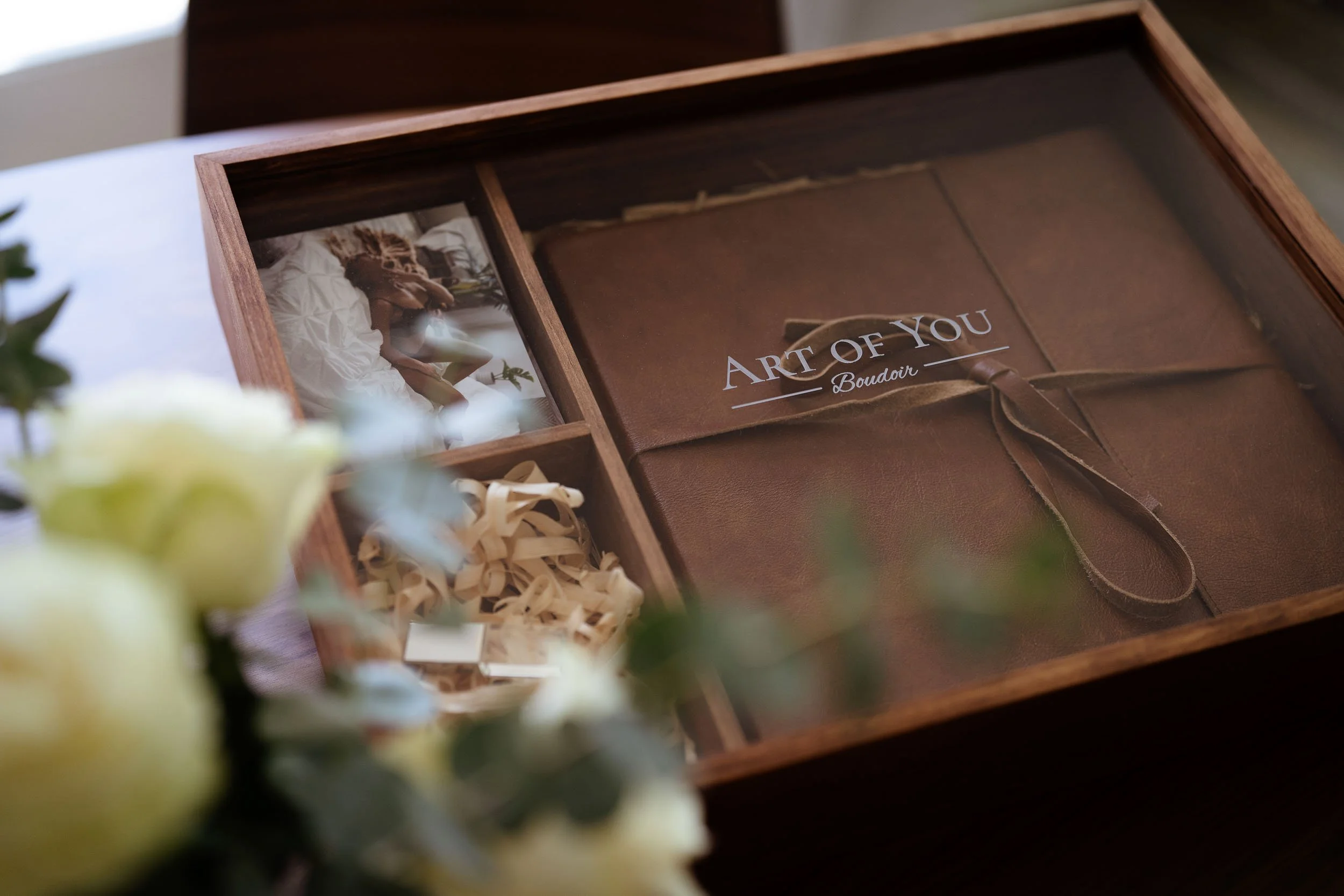 Art of You Boudoir leather album in handcrafted wooden keepsake box