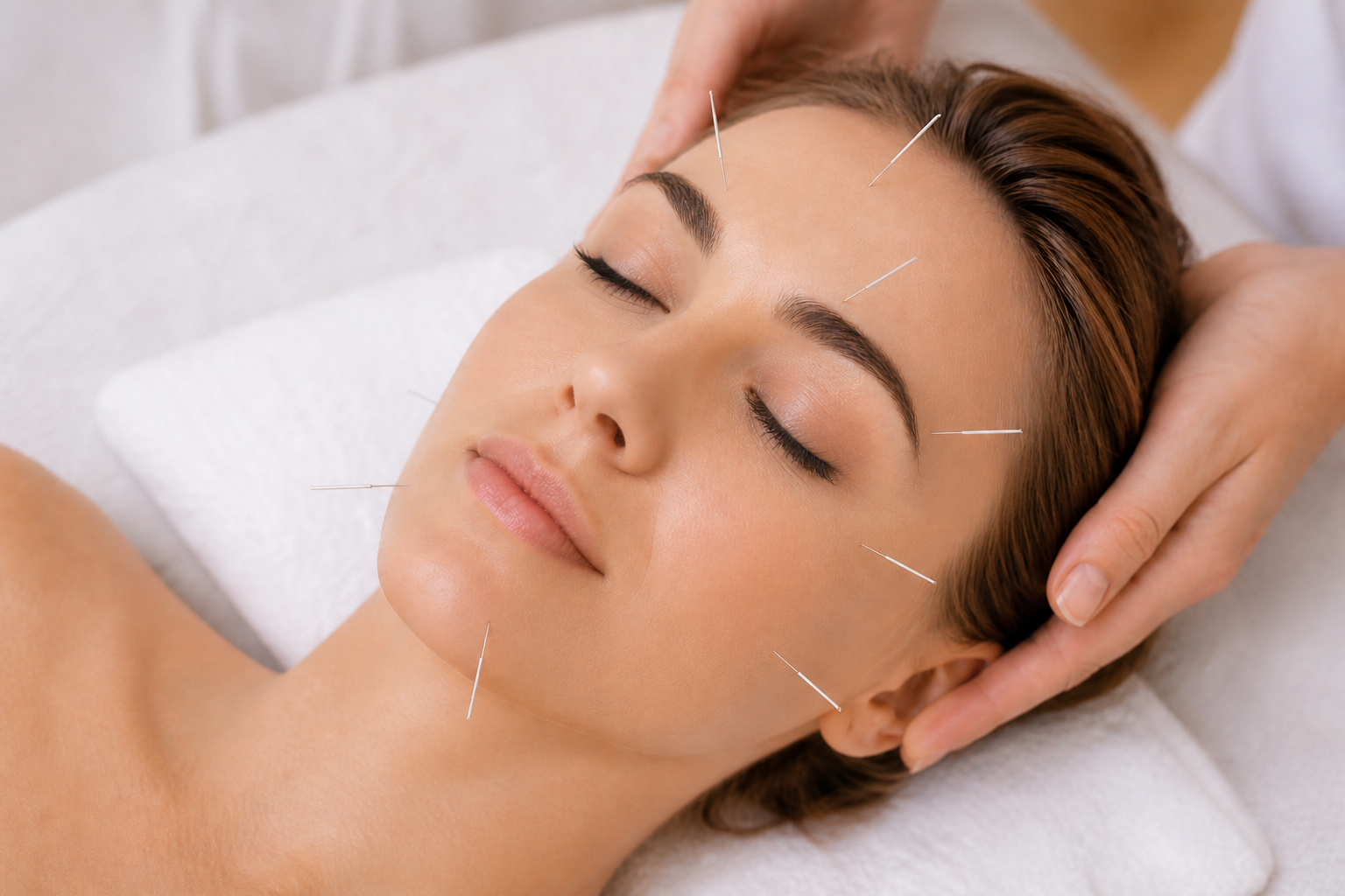 A woman receiving facial acupuncture with multiple needles inserted into her face, lying peacefully with eyes closed and a relaxed expression.