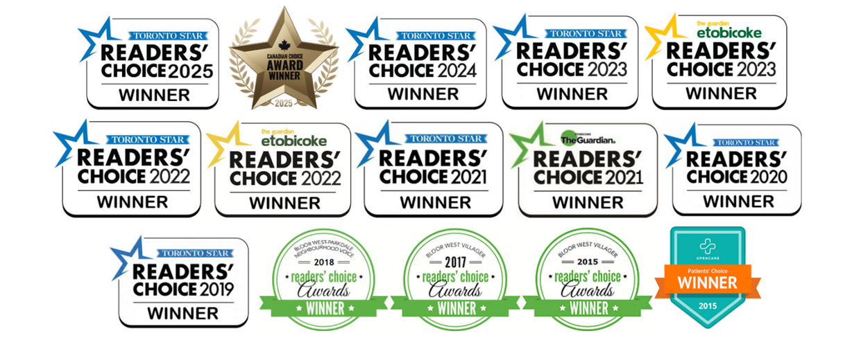Collection of award badges and stickers recognizing various reader's choice awards from Toronto Star, The Guardian, and other organizations from 2015 to 2025, featuring logos, years, and winner labels.