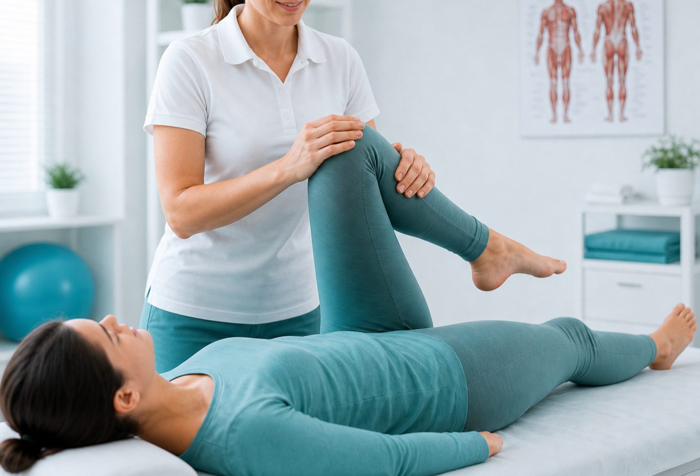 Physical therapist assisting patient with leg exercise on therapy table in clinic