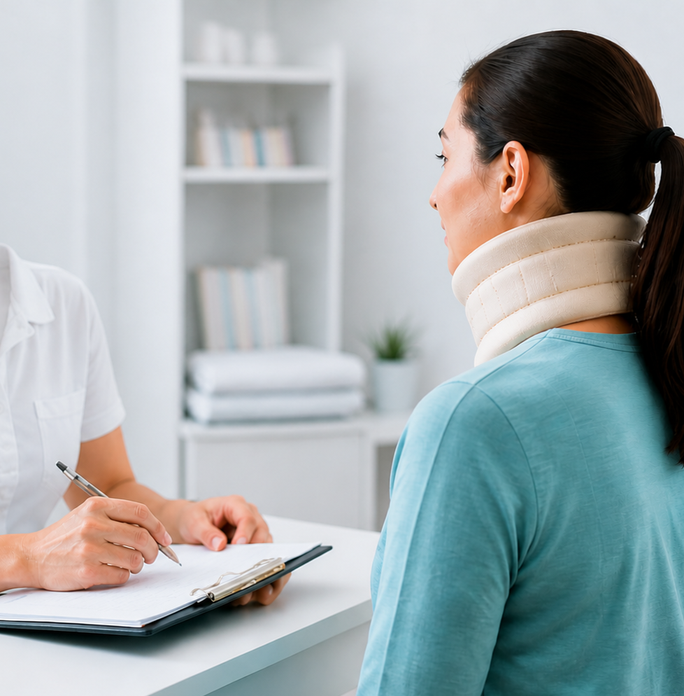 A woman with a neck brace sitting at a doctor's appointment, talking to a healthcare professional taking notes.