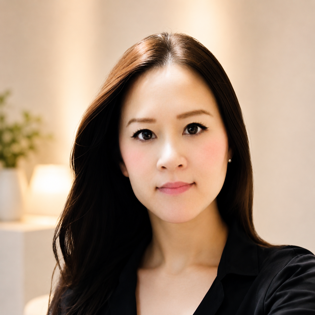 A young woman with long dark hair, fair skin, wearing a black top, looking at the camera in a softly lit indoor setting.