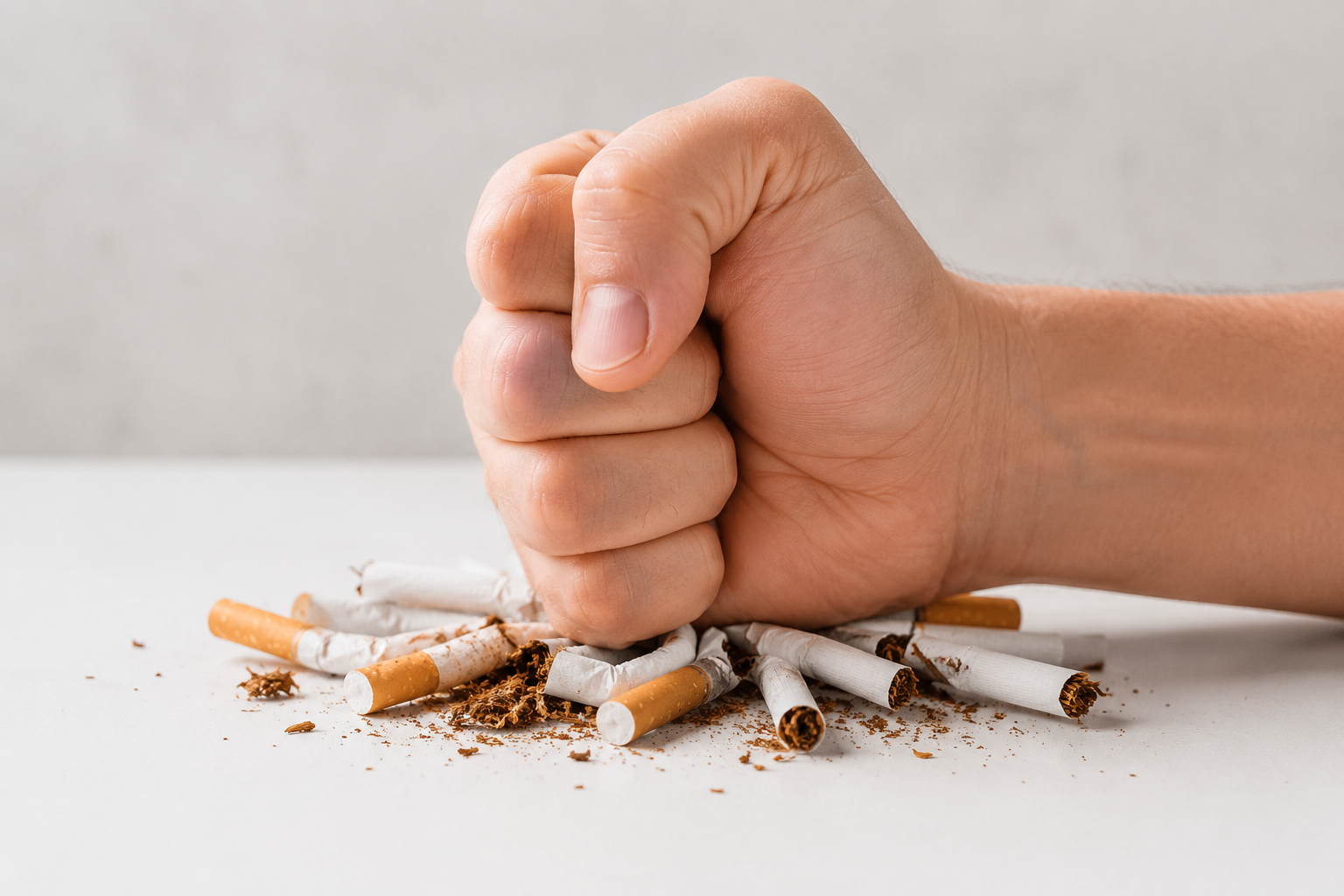A person's hand smashing cigarette butts on a white surface.