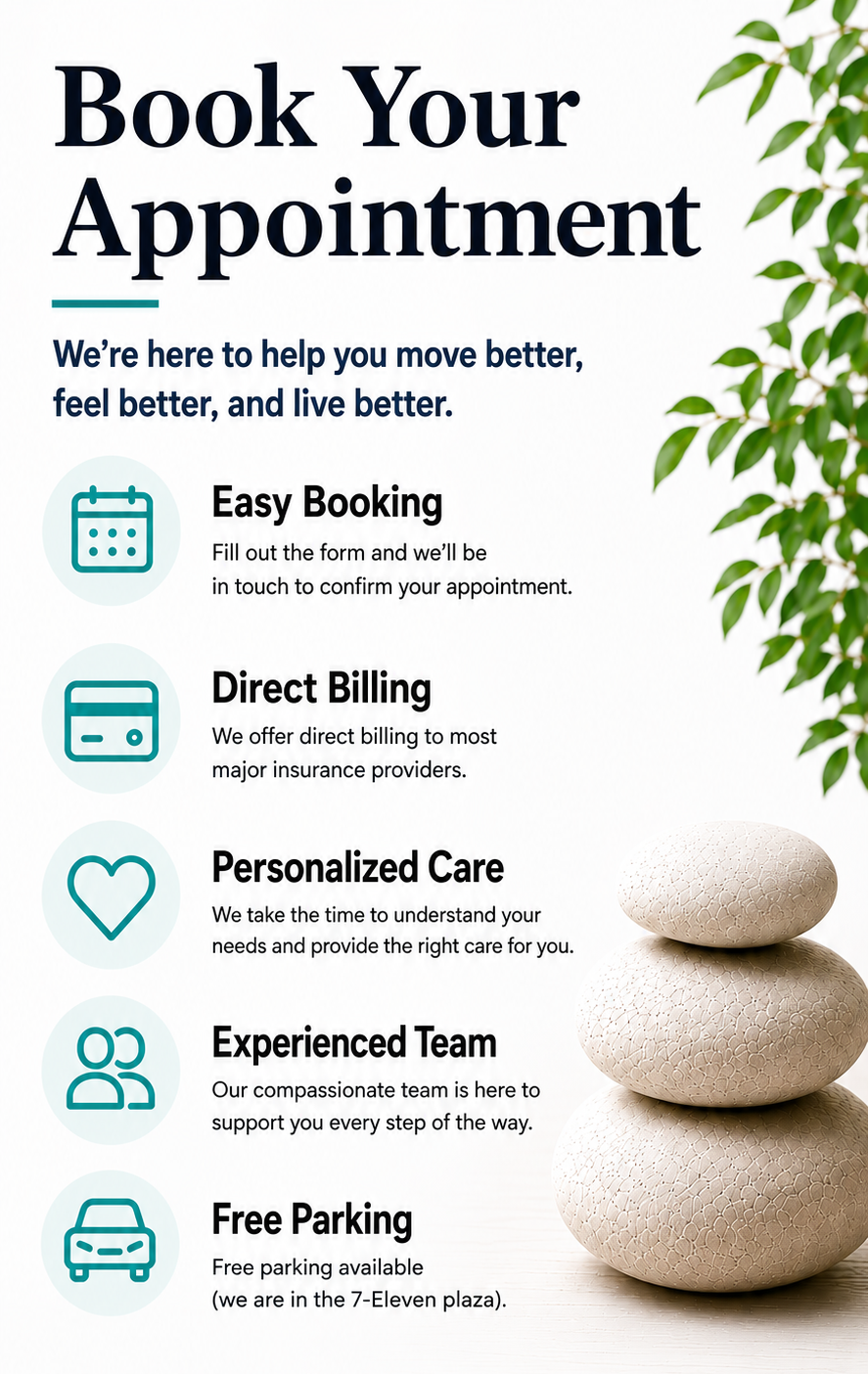 A promotional flyer for booking appointments at a healthcare or wellness facility. Features a list of services including easy booking, direct billing, personalized care, experienced team, and free parking, with icons for each service and background decor including green leaves and stacked stones.