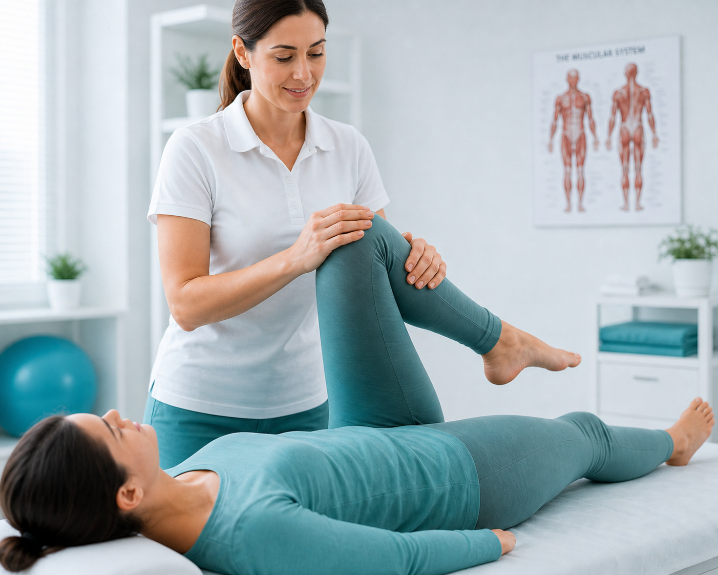 A physical therapist helps a woman perform a leg stretch on an examination table in a therapy room with a muscular system poster in the background.