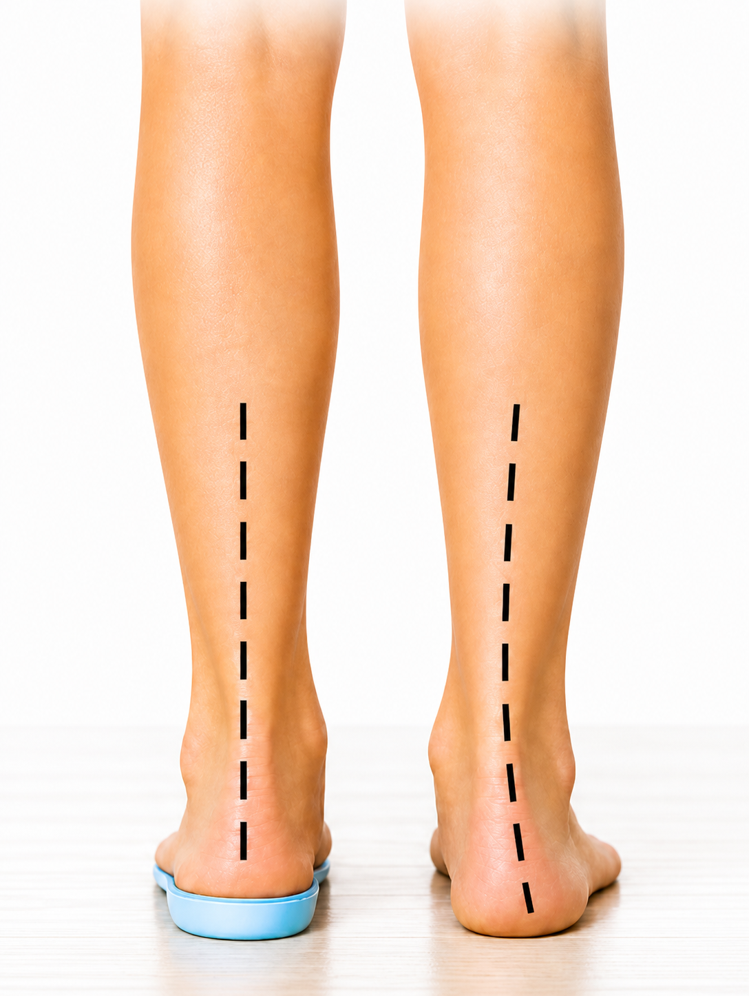 Back view of a person's legs with dotted lines indicating straight alignment from the calves to the heels, side by side, on a wooden floor with a plain white background.