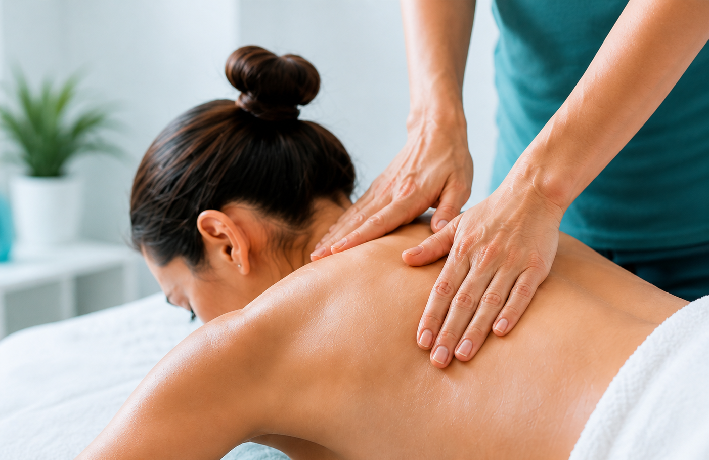 A person receiving a massage on their upper back from a massage therapist in a spa room.
