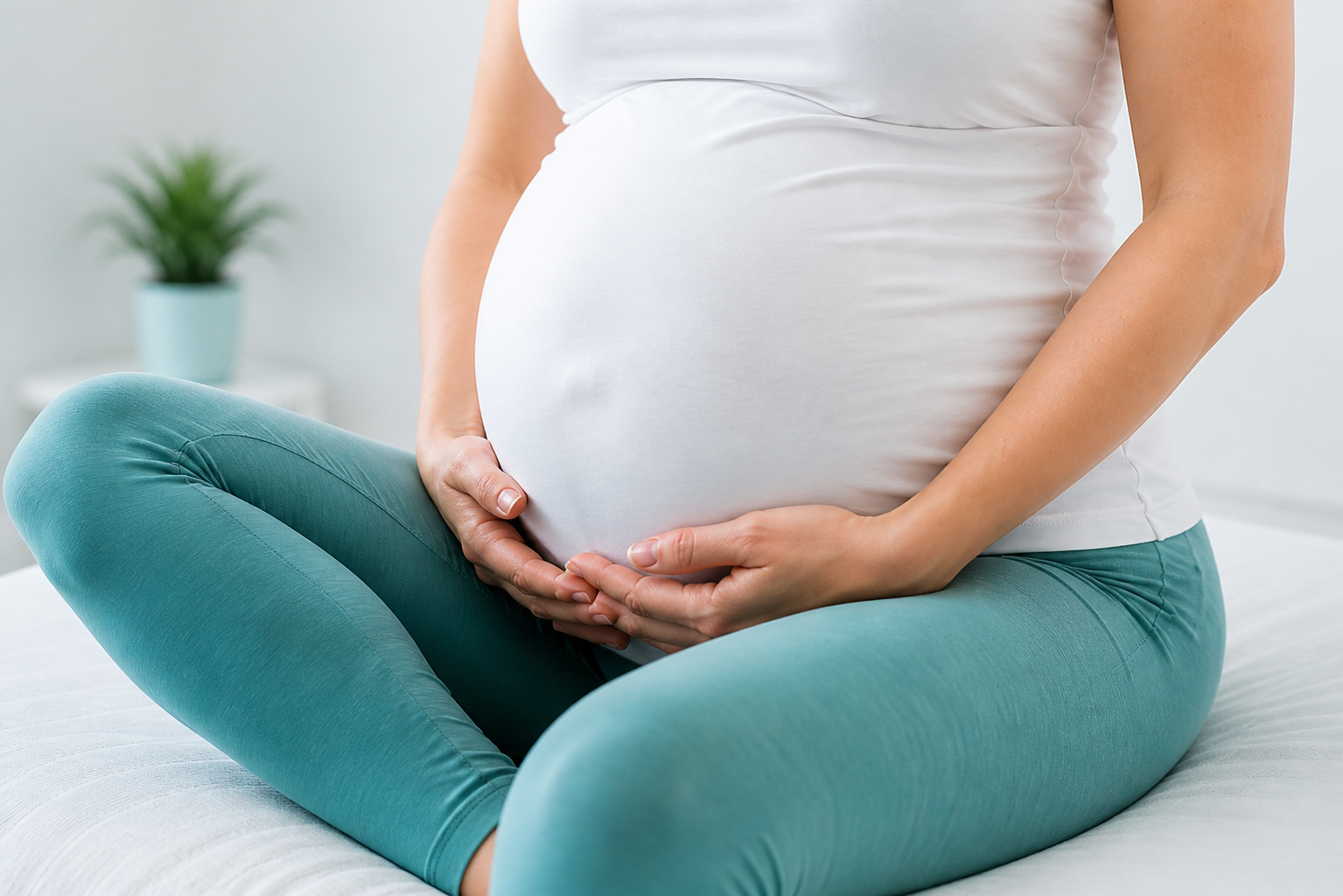 Pregnant woman sitting cross-legged on bed, holding her belly with both hands in a bright, minimal bedroom with a potted plant in the background.