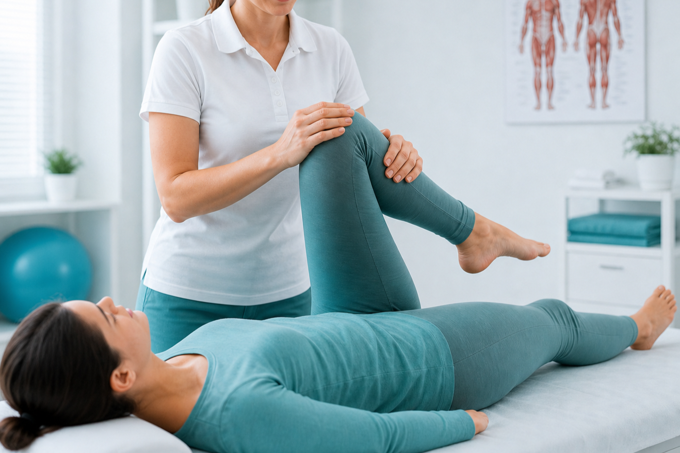 Physical therapist assisting woman with leg exercises in a clinic.