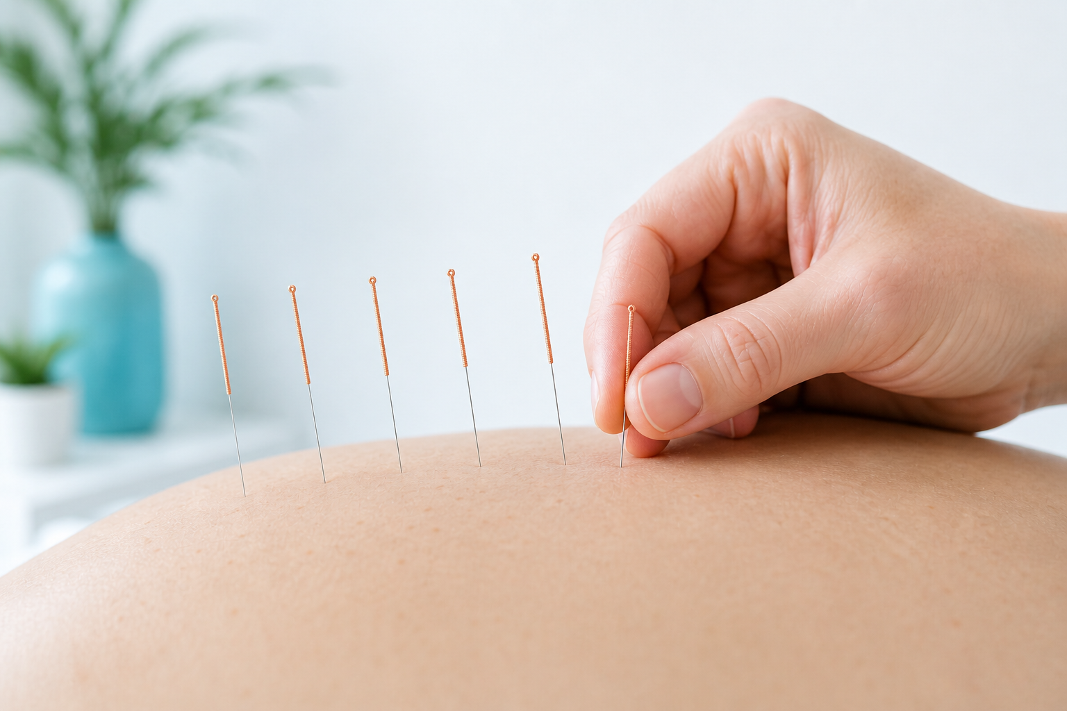 Acupuncture needles inserted into a person's back with a practitioner's hand adjusting one needle.