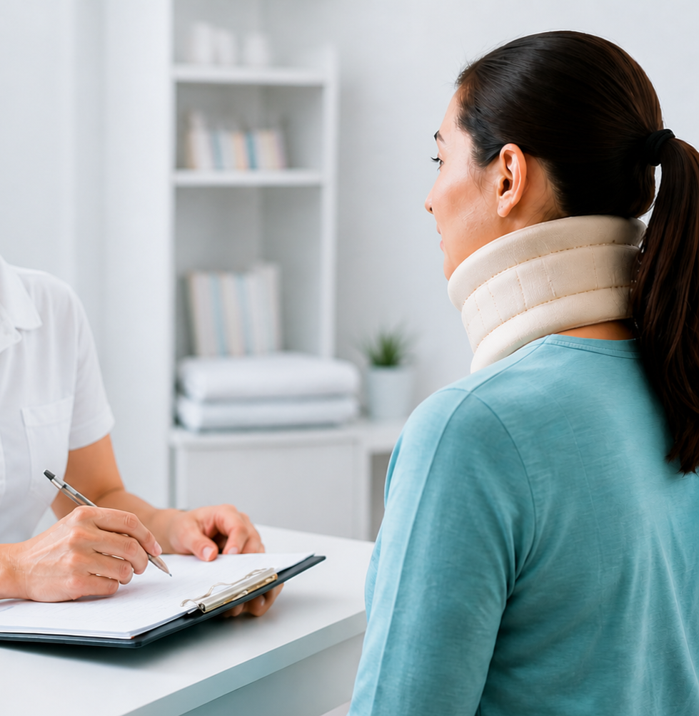 A woman wearing a neck brace sitting in a medical consultation with a healthcare provider taking notes on a clipboard.
