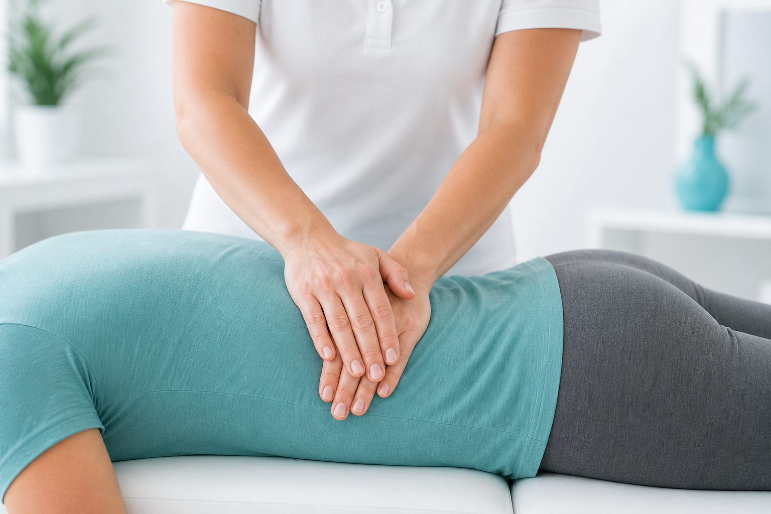 A person receiving a back massage from a therapist in a bright, clean room with plants and vases in the background.