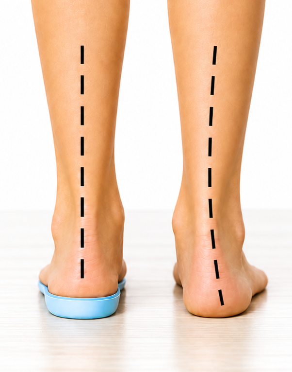 Rear view of two legs with dashed lines indicating straight alignment of the calves and ankles, one leg wearing a blue shoe and the other barefoot.