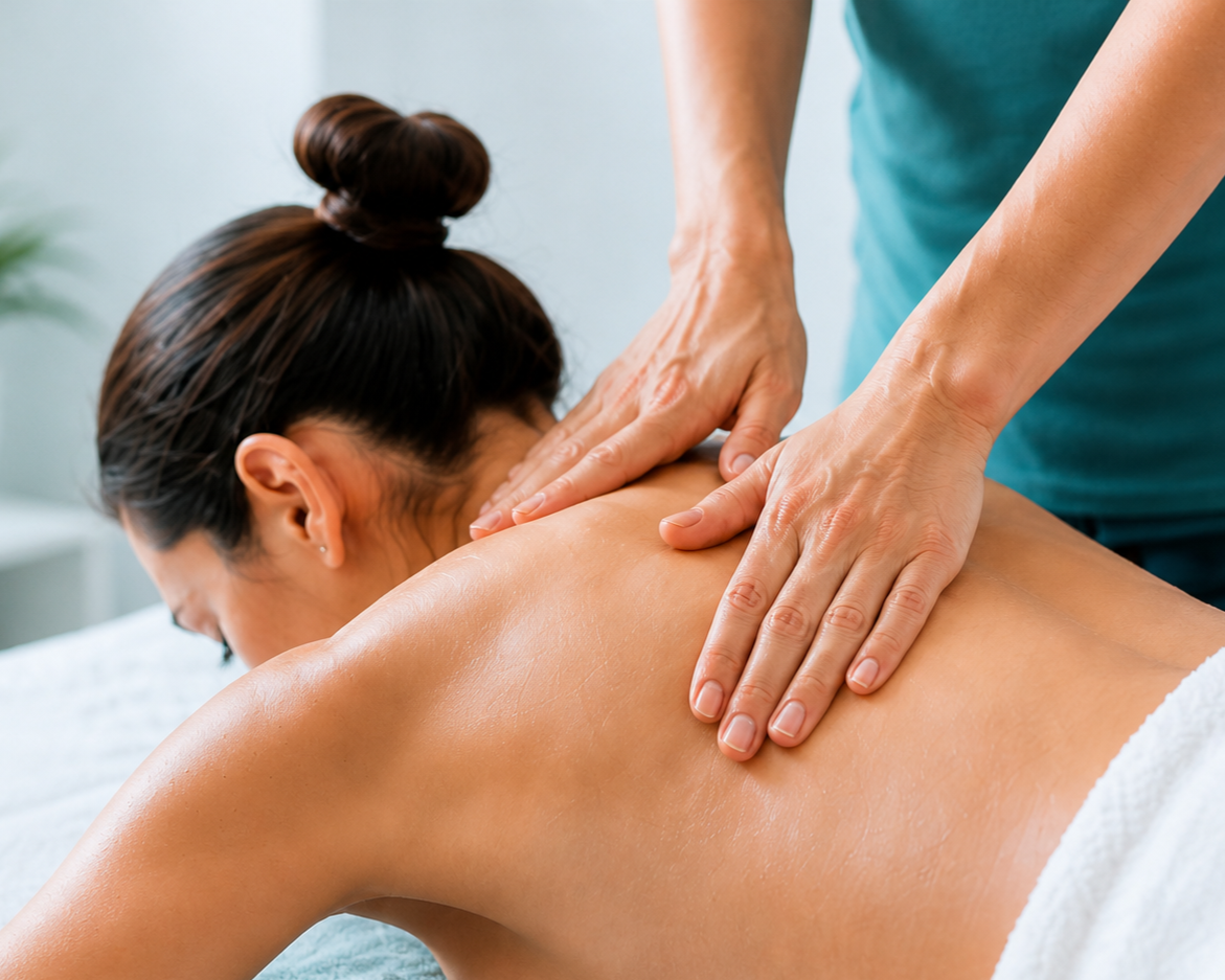 Person receiving a back massage from a massage therapist in a spa setting.