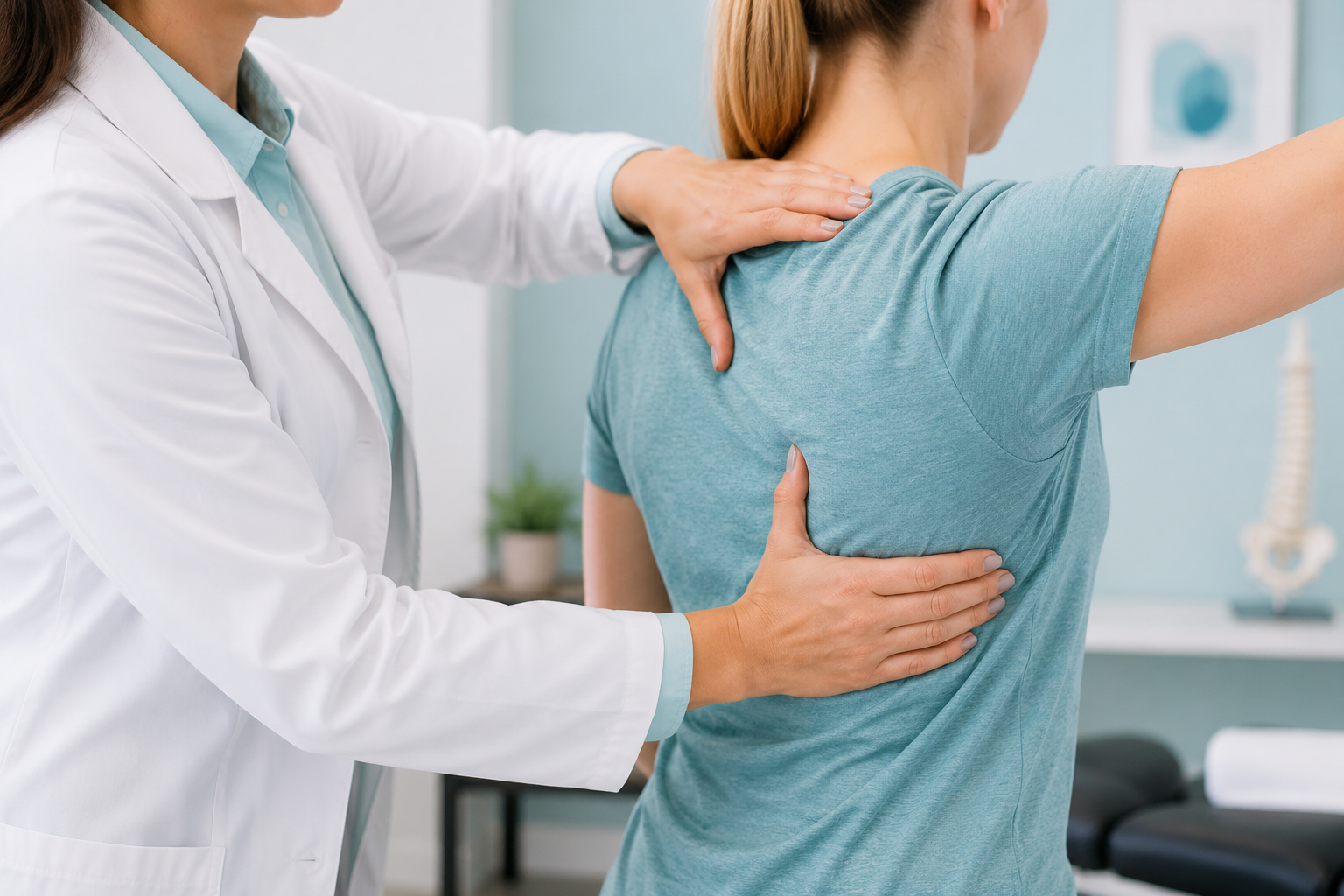 Doctor examining a woman's shoulder for pain or injury.