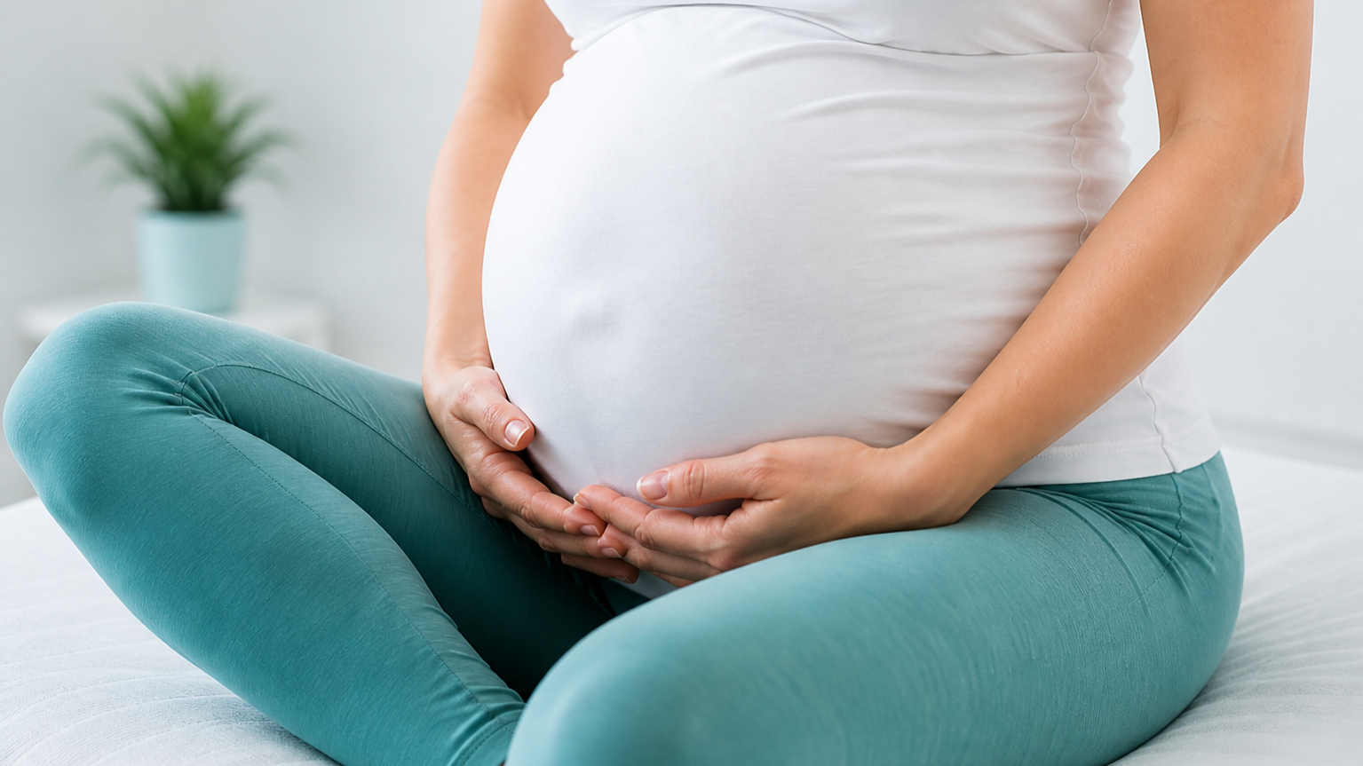 A pregnant woman sitting cross-legged on a bed, holding her belly with both hands in a bright, modern room with a potted plant in the background.