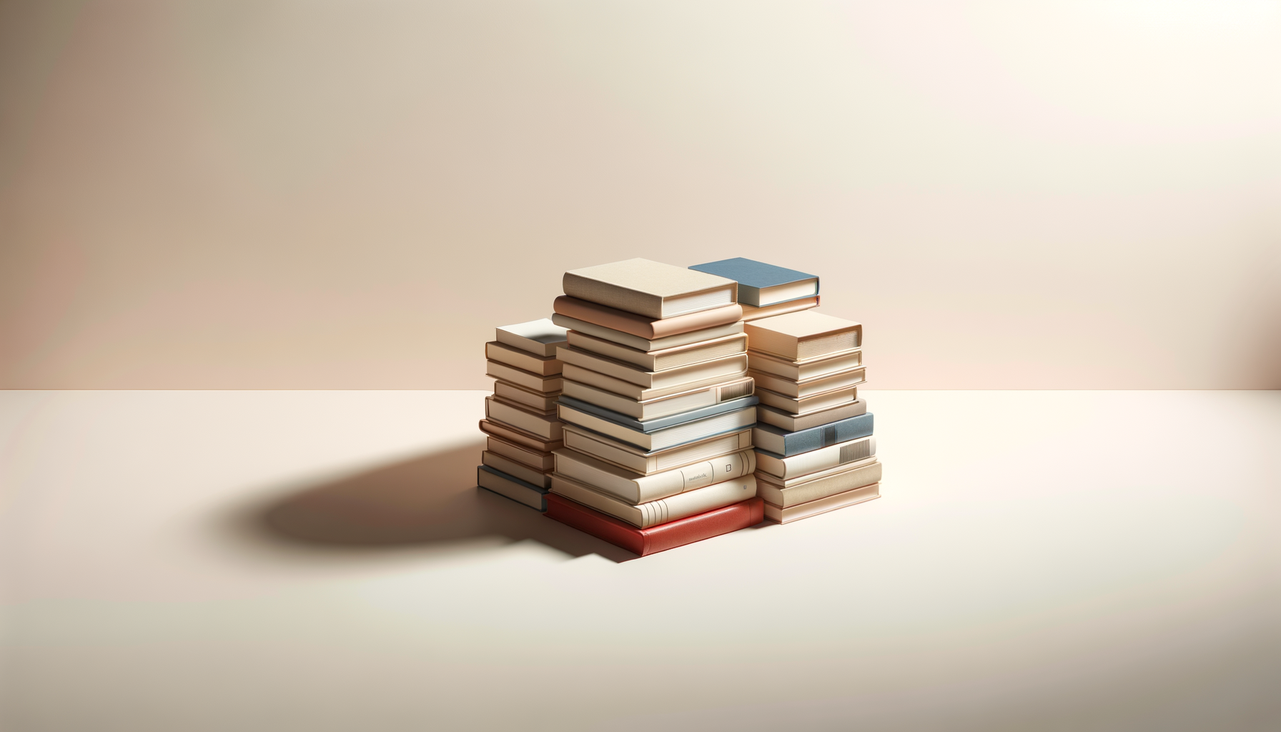A large pile of notebooks and journals stacked on a white surface with a beige gradient background.