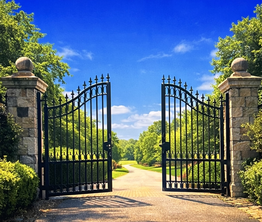Open wrought iron gate with stone pillars leading to a lush green park and a winding driveway under a bright blue sky with some clouds.