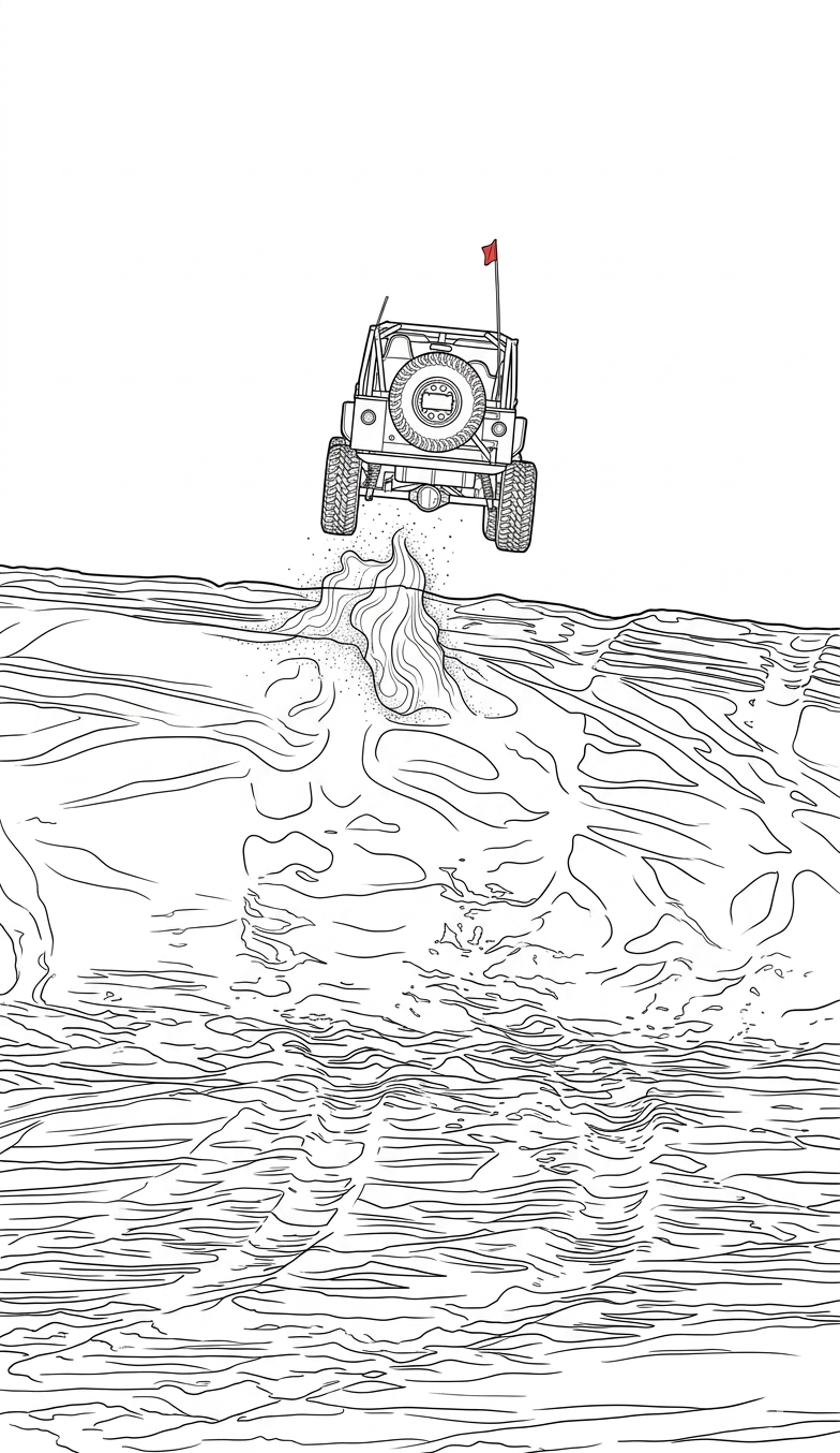 A line drawing of a Jeep jumping over a burning mound of logs or debris on a rough terrain, with a red flag on top of the vehicle.