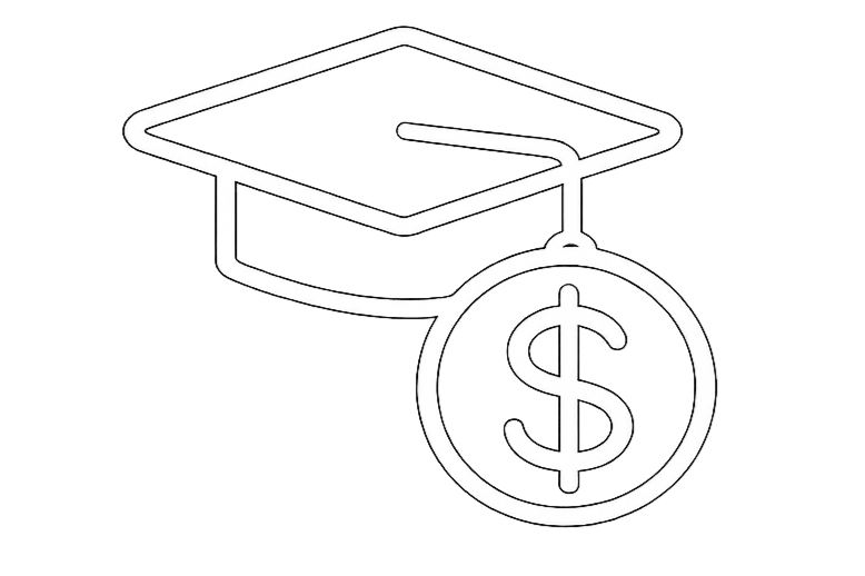 Icon of a graduation cap with a dollar sign coin, representing student loans or education funding.
