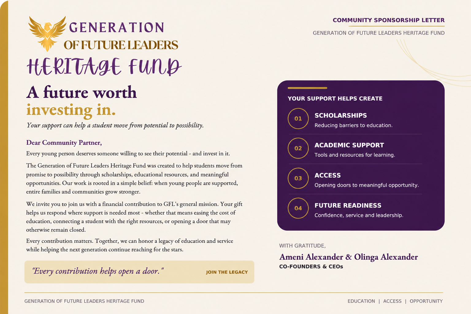 A sponsorship letter from the Generation of Future Leaders Heritage Fund with purple and gold accents. It features a gold eagle logo at the top left, and details about scholarships, academic support, access, and future readiness, along with gratitude from Ameni Alexander and Olinga Alexander.