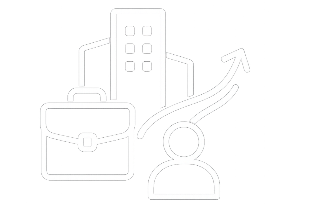 Line drawing icon of a person with upward arrows and a cityscape, a briefcase, representing growth or career development.