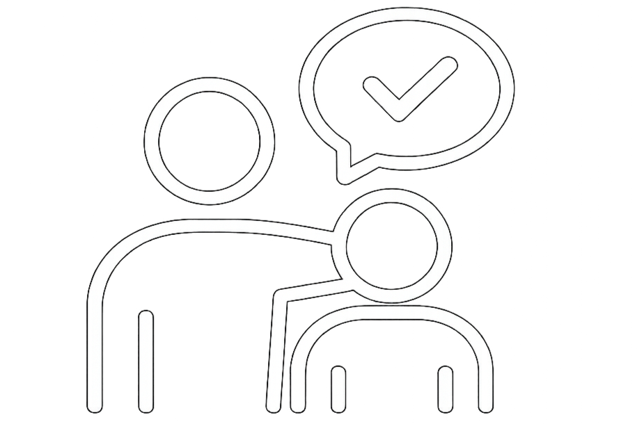 Outline of two people with a speech bubble containing a check mark above them, indicating approval or agreement.